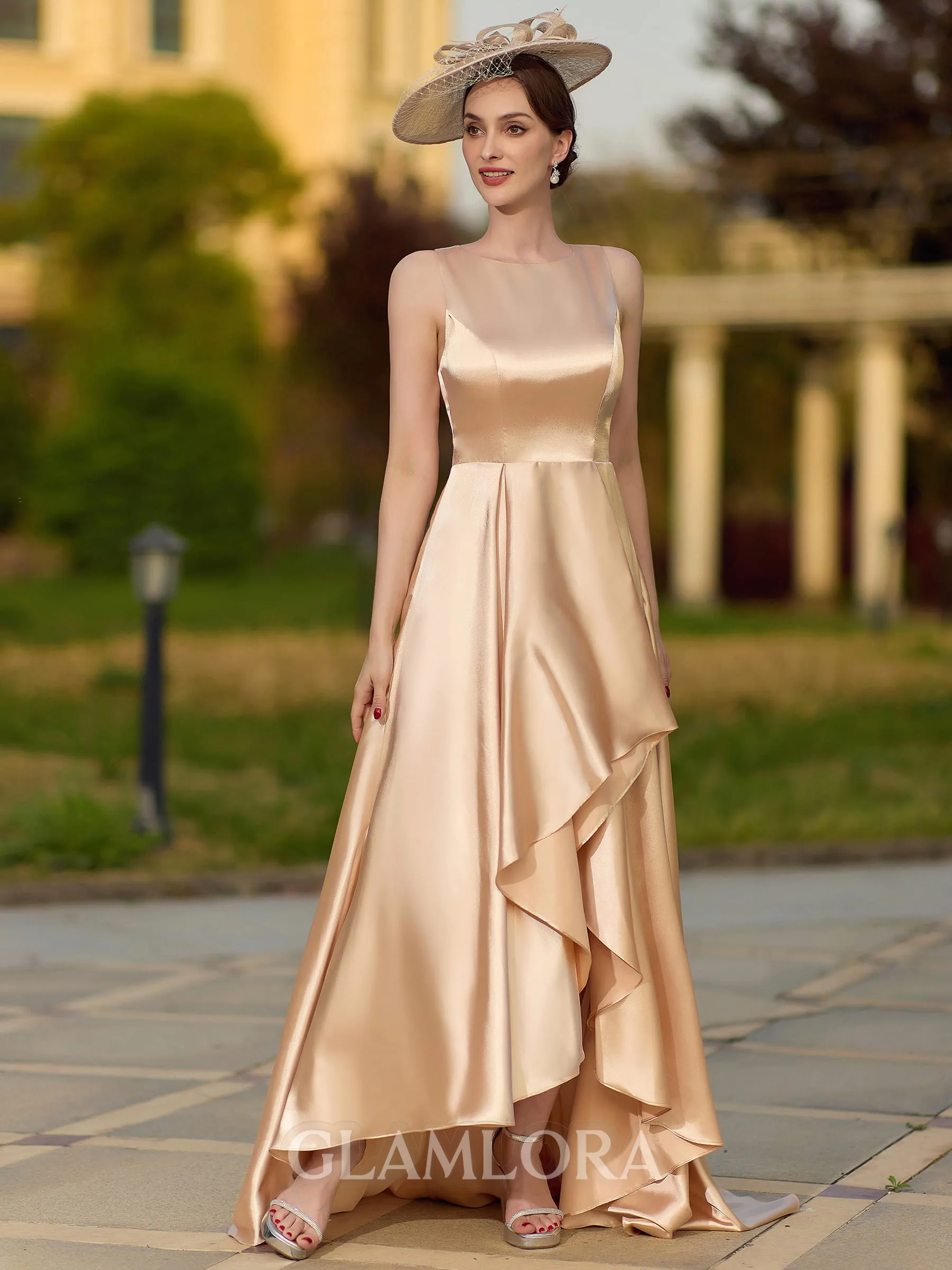 Graceful A-line Scoop Asymmetrical Silk like Satin Mother of the Bride Dress
