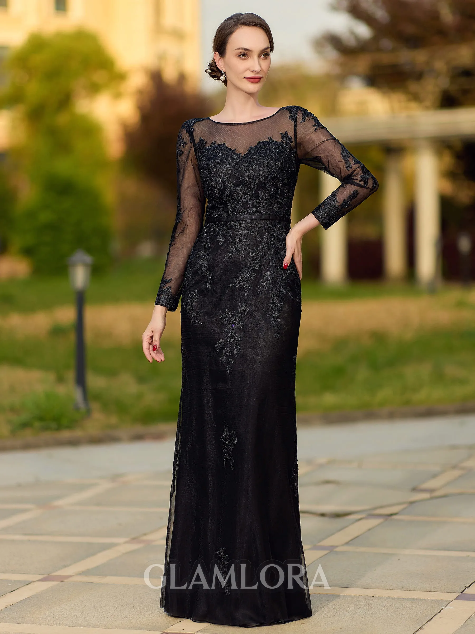 Noble Sheath Scoop Long Sleeves Appliques Lace Floor-Length Tulle Mother of the Bride Dress