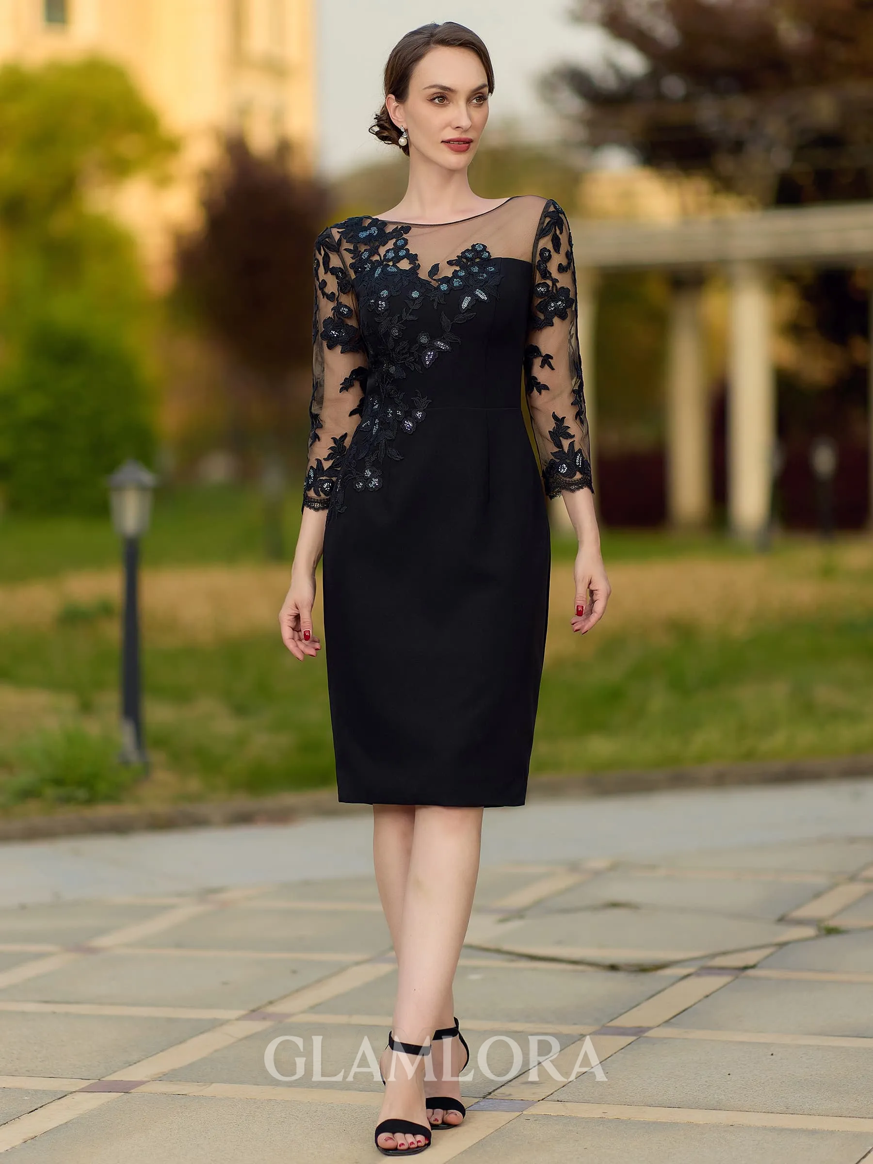 Glamorous Sheath Scoop 3/4 Sleeves Appliques Lace Knee-Length Stretch Crepe Mother of the Bride Dress
