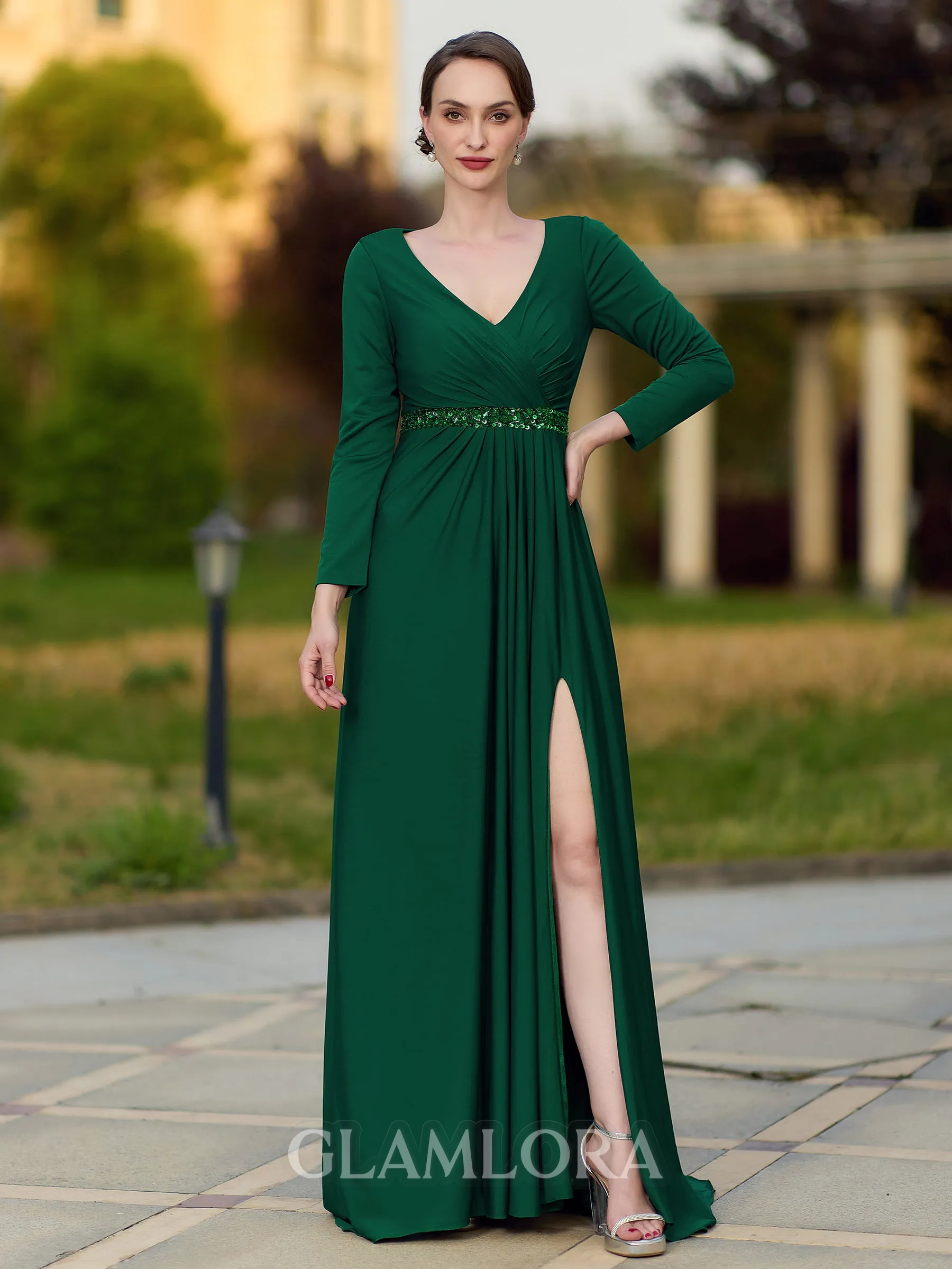 Splendid A-Line/Princess Jersey Beading V-Neck Long Sleeves Sweep Train Mother of the Bride Dresses