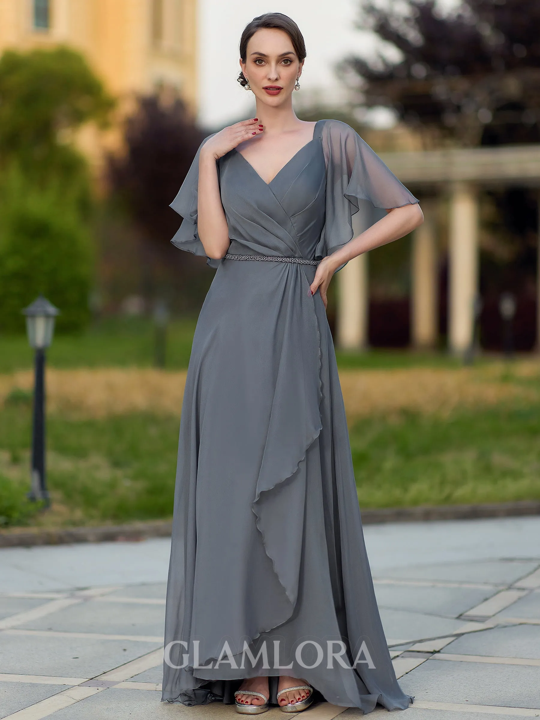 Statuesque A-line V-Neck Short Sleeves Pleated Floor-Length Mother of the Bride Dress
