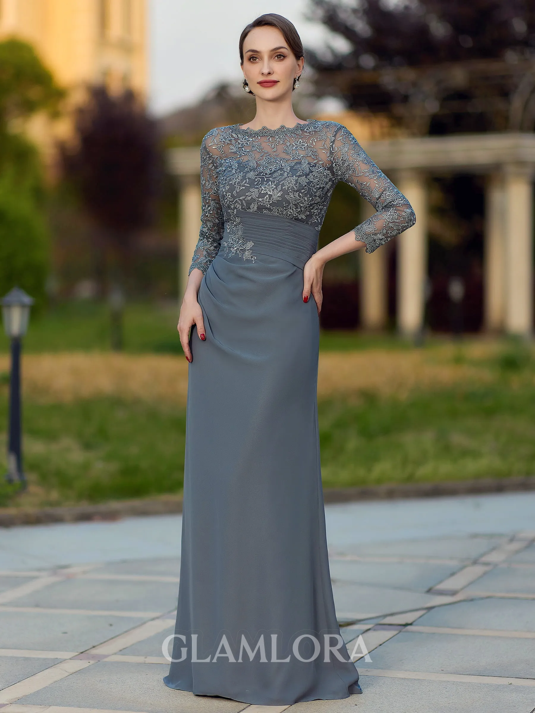 Regal Sheath Scoop 3/4 Sleeves Appliques Lace Floor-Length Chiffon Mother of the Bride Dress