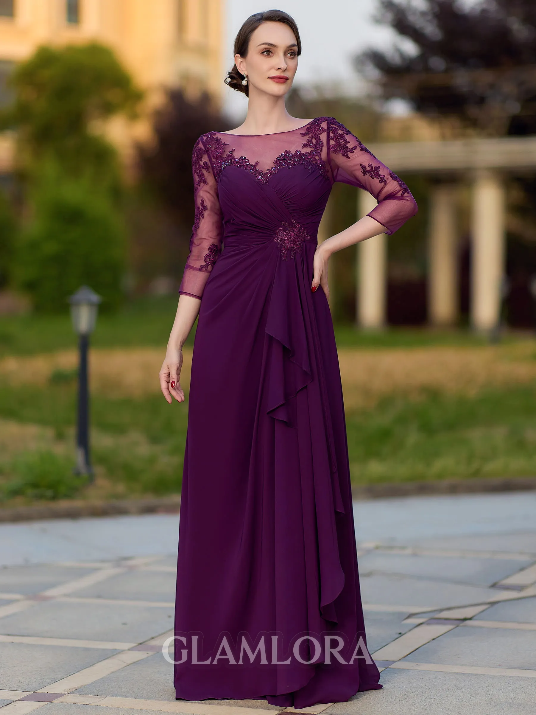 Polished Sheath Scoop 3/4 Sleeves Appliques Lace Floor-Length Chiffon Mother of the Bride Dress