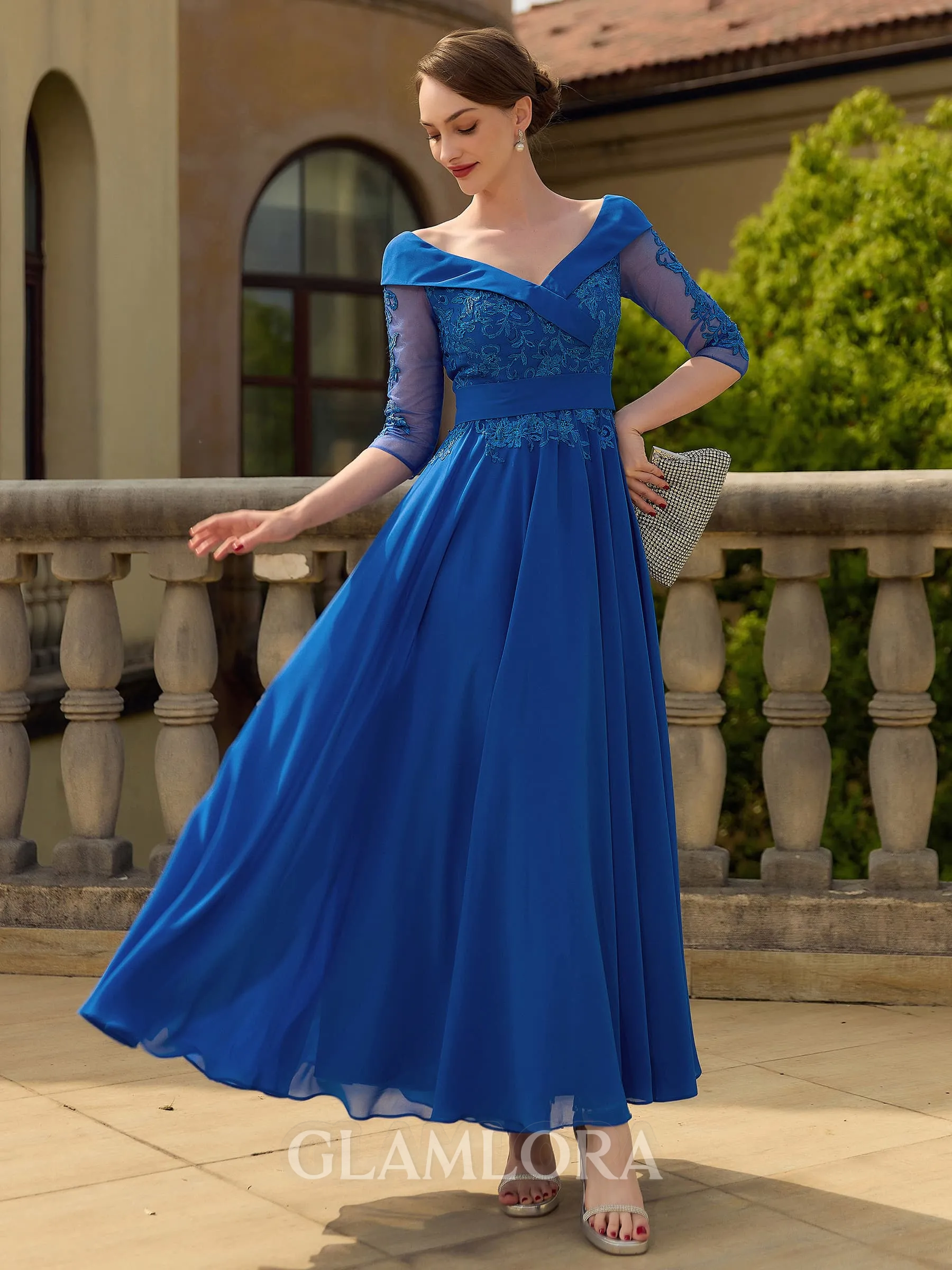 Classy A-line V-Neck 3/4 Sleeves Appliques Lace Ankle-Length Chiffon Mother of the Bride Dress