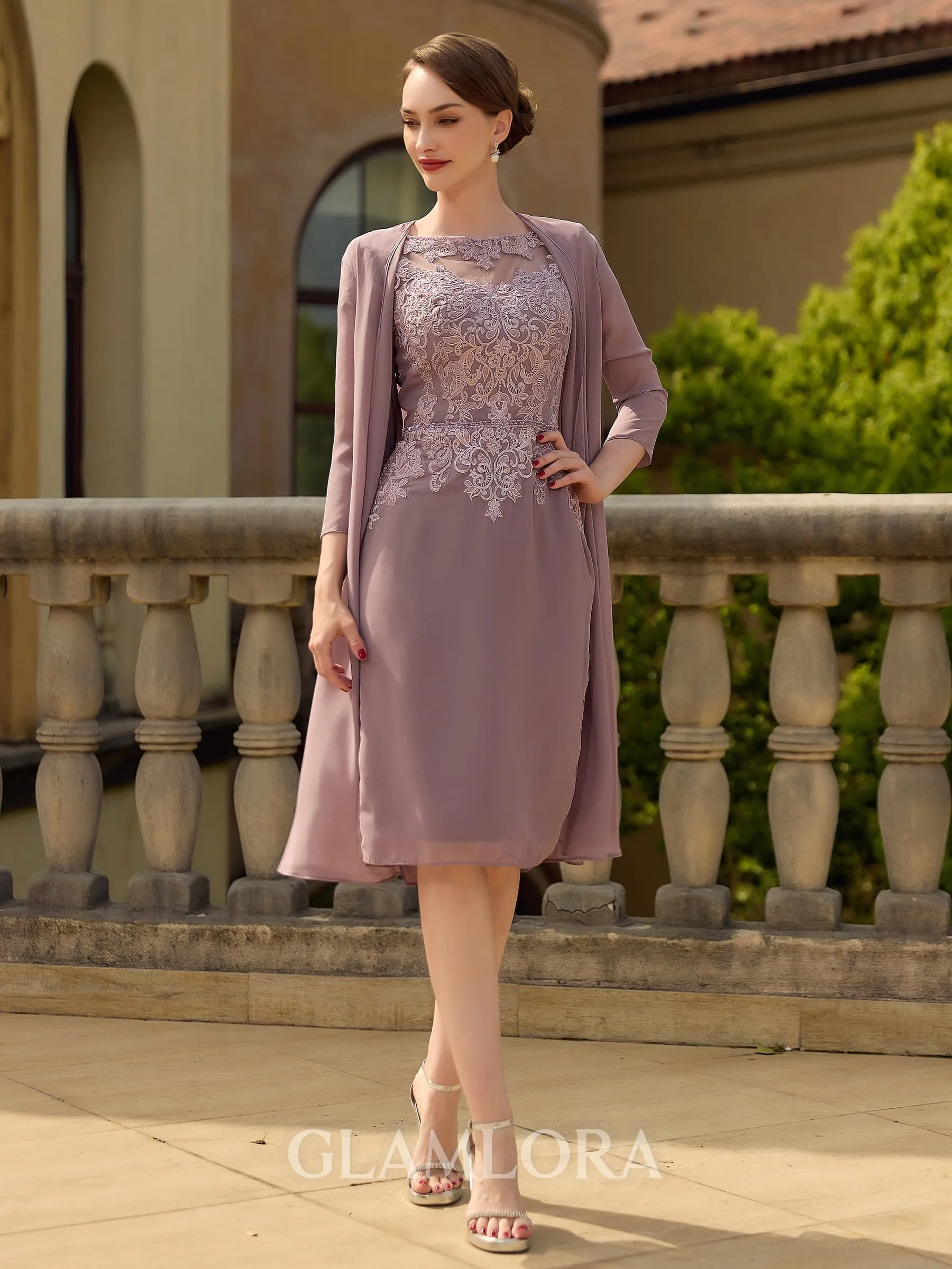 Charming Sheath/Column Chiffon Lace Scoop Short Sleeves Knee-Length Mother of the Bride Dresses