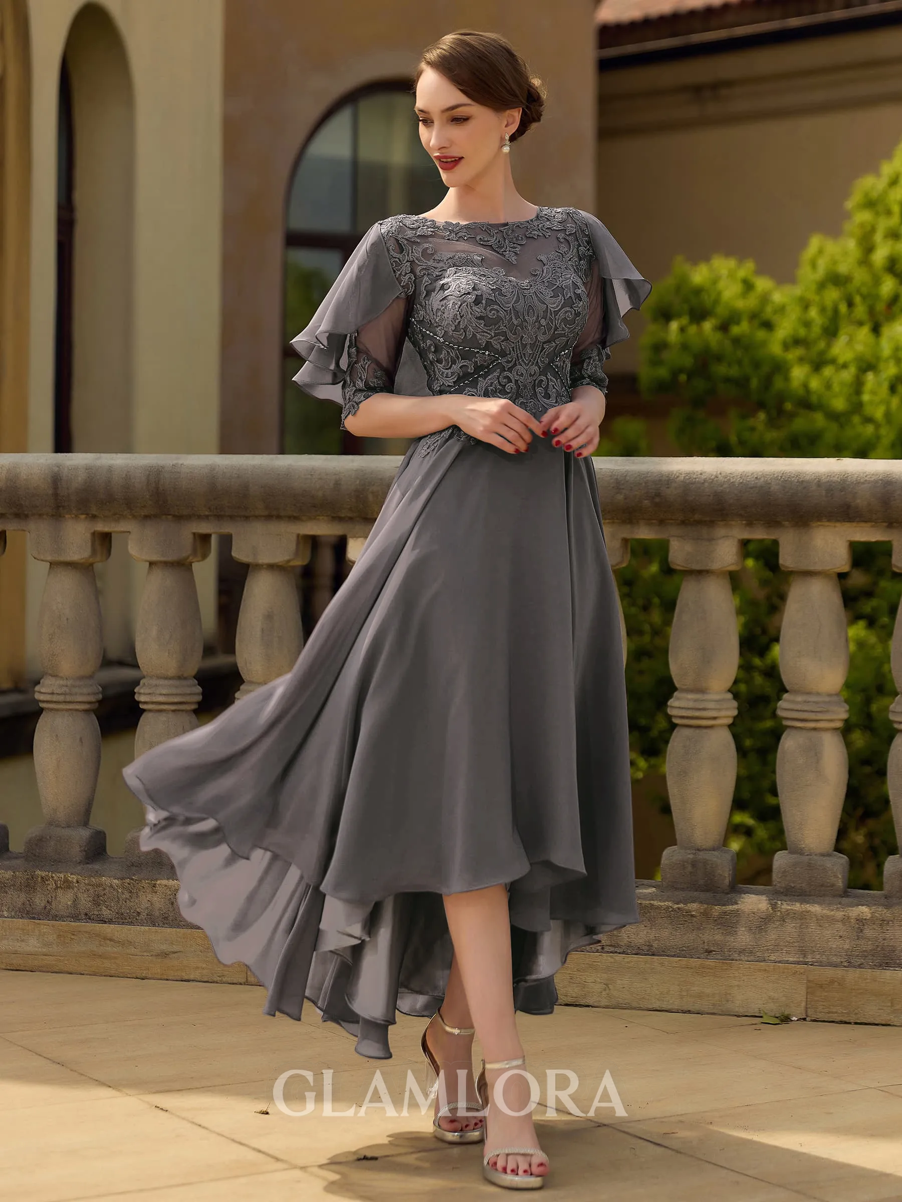 Tasteful A-line Scoop 1/2 Sleeves Appliques Lace Asymmetrical Chiffon Mother of the Bride Dress