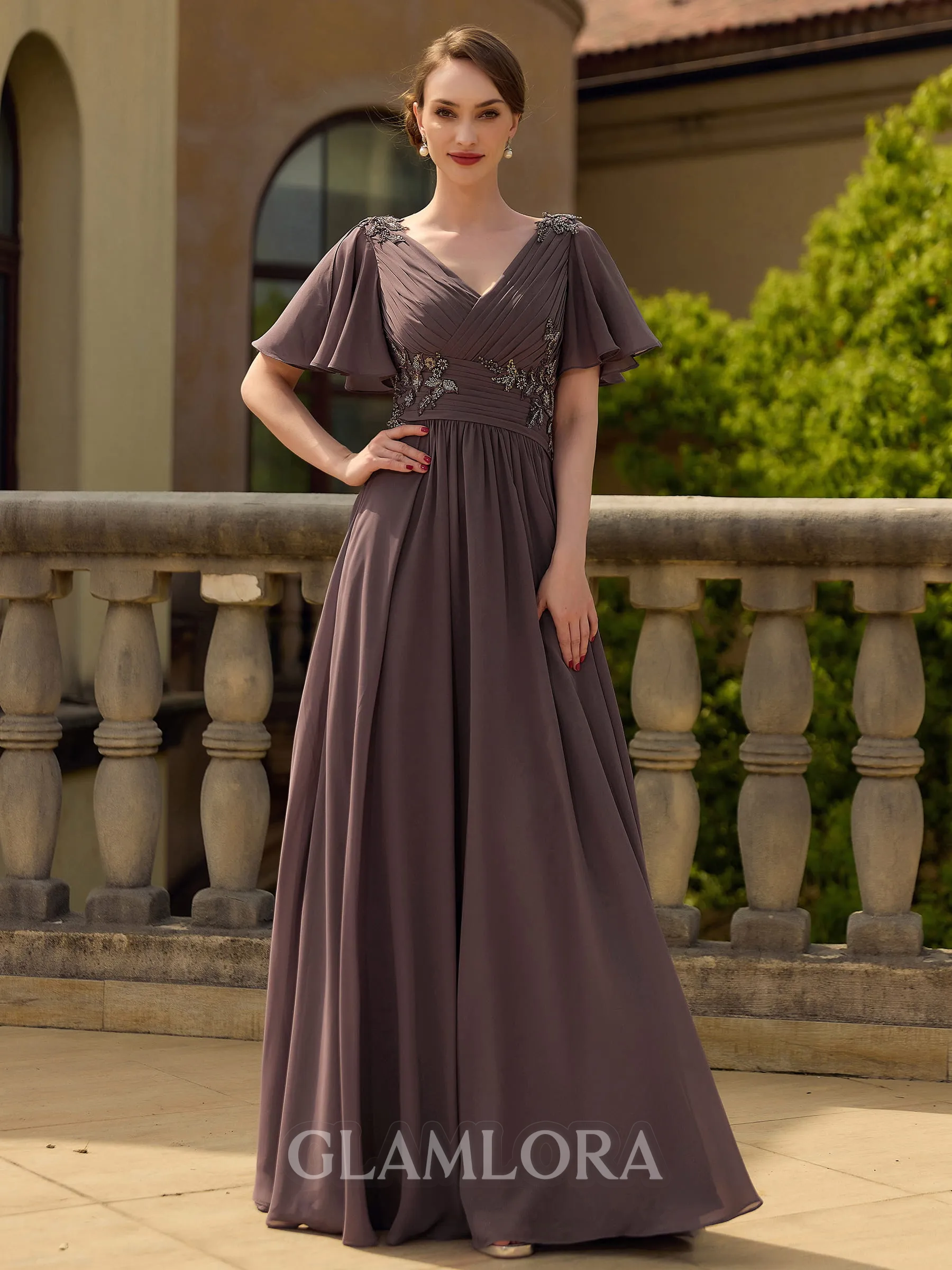 Radiant A-line V-Neck Short Sleeves Appliques Lace Floor-Length Chiffon Mother of the Bride Dress