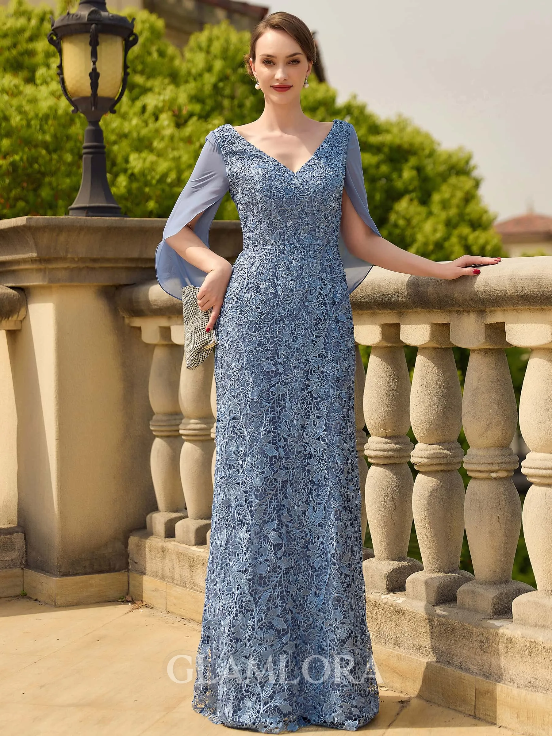 Modest Sheath V-Neck Appliques Lace Floor-Length Chiffon Mother of the Bride Dress