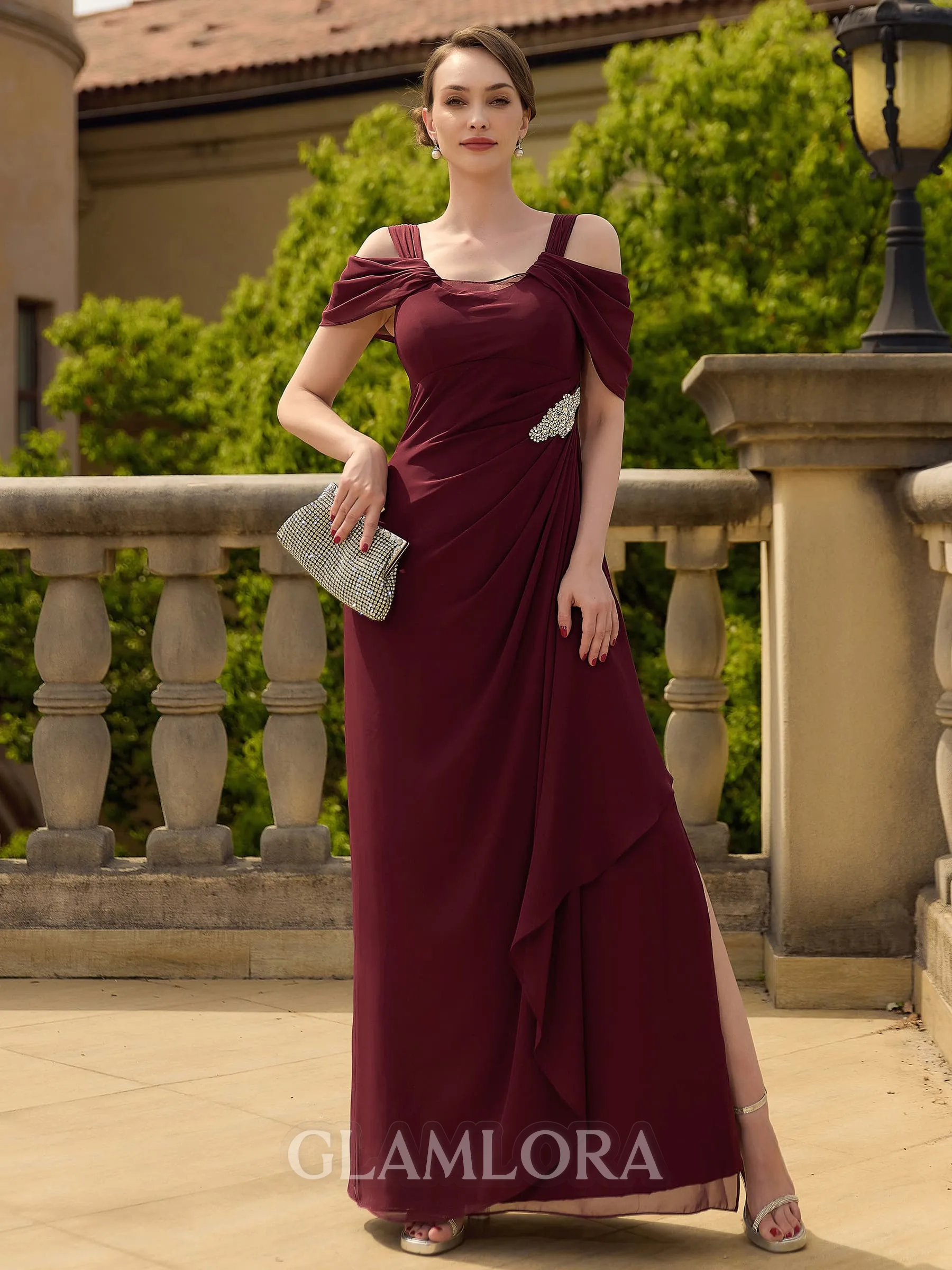 Regal Sheath Cold Shoulder Pleated Ankle-Length Chiffon Mother of the Bride Dress