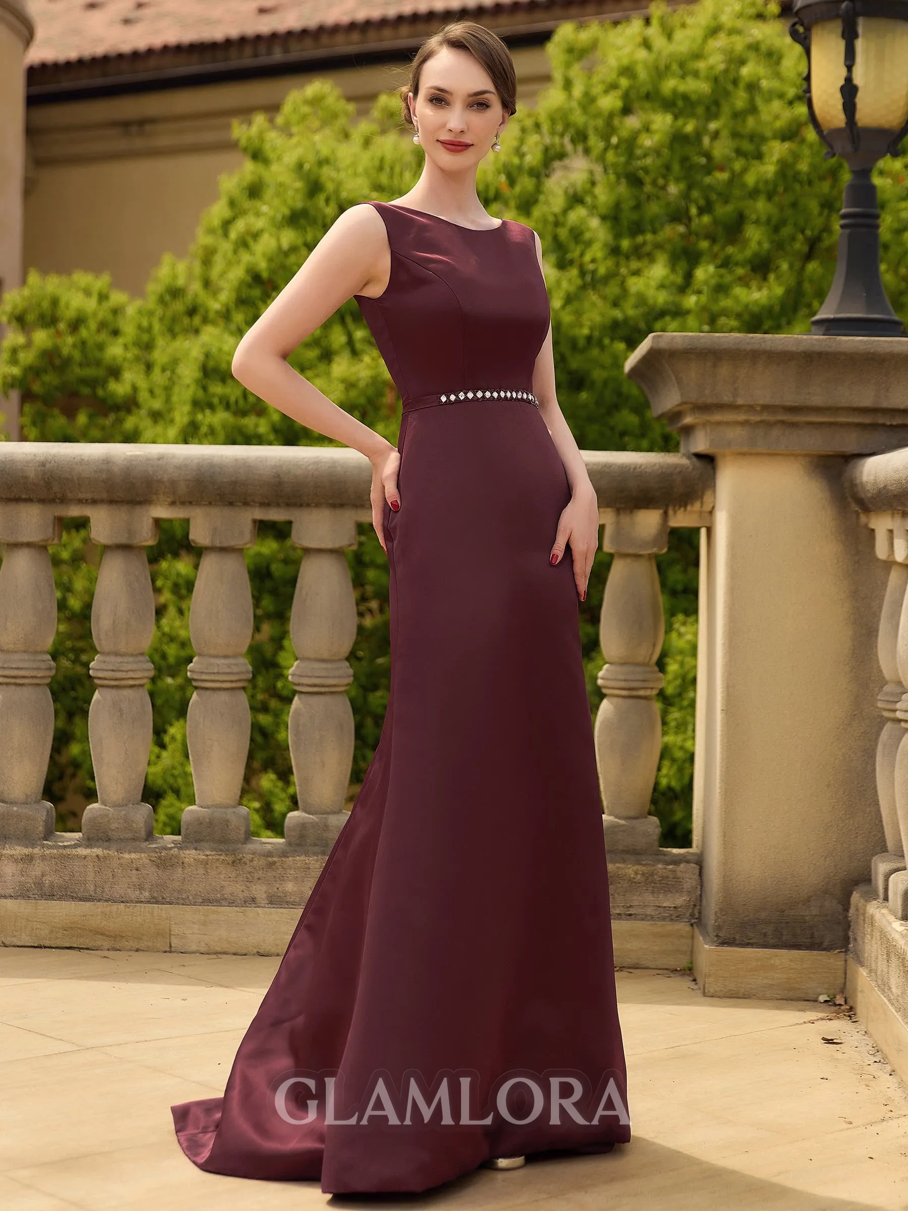 Opulent Sheath/Column Satin Beading Scoop Sleeveless Sweep Train Mother of the Bride Dresses