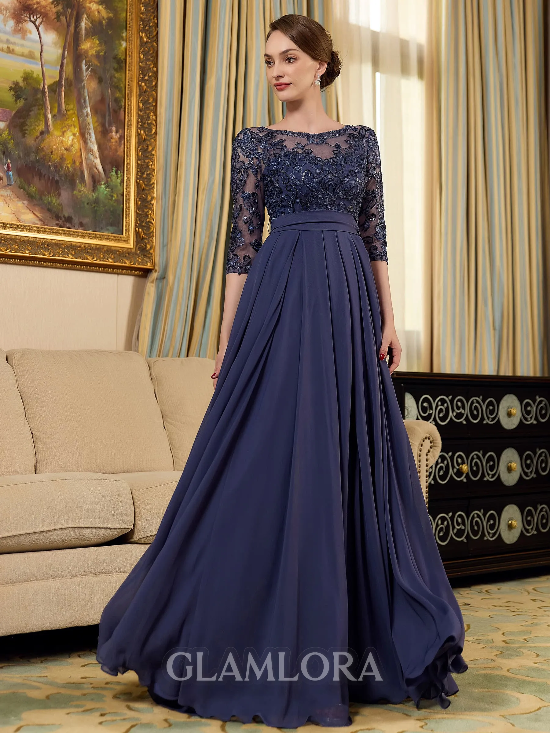 Graceful A-line Scoop 3/4 Sleeves Appliques Lace Floor-Length Chiffon Mother of the Bride Dress