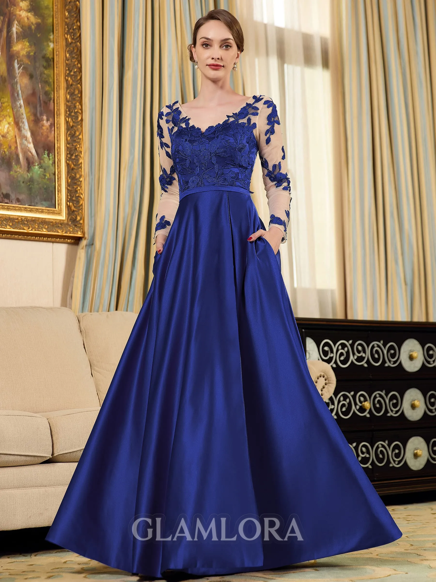 Graceful A-Line/Princess Satin Applique V-Neck Long Sleeves Floor-Length Mother of the Bride Dresses
