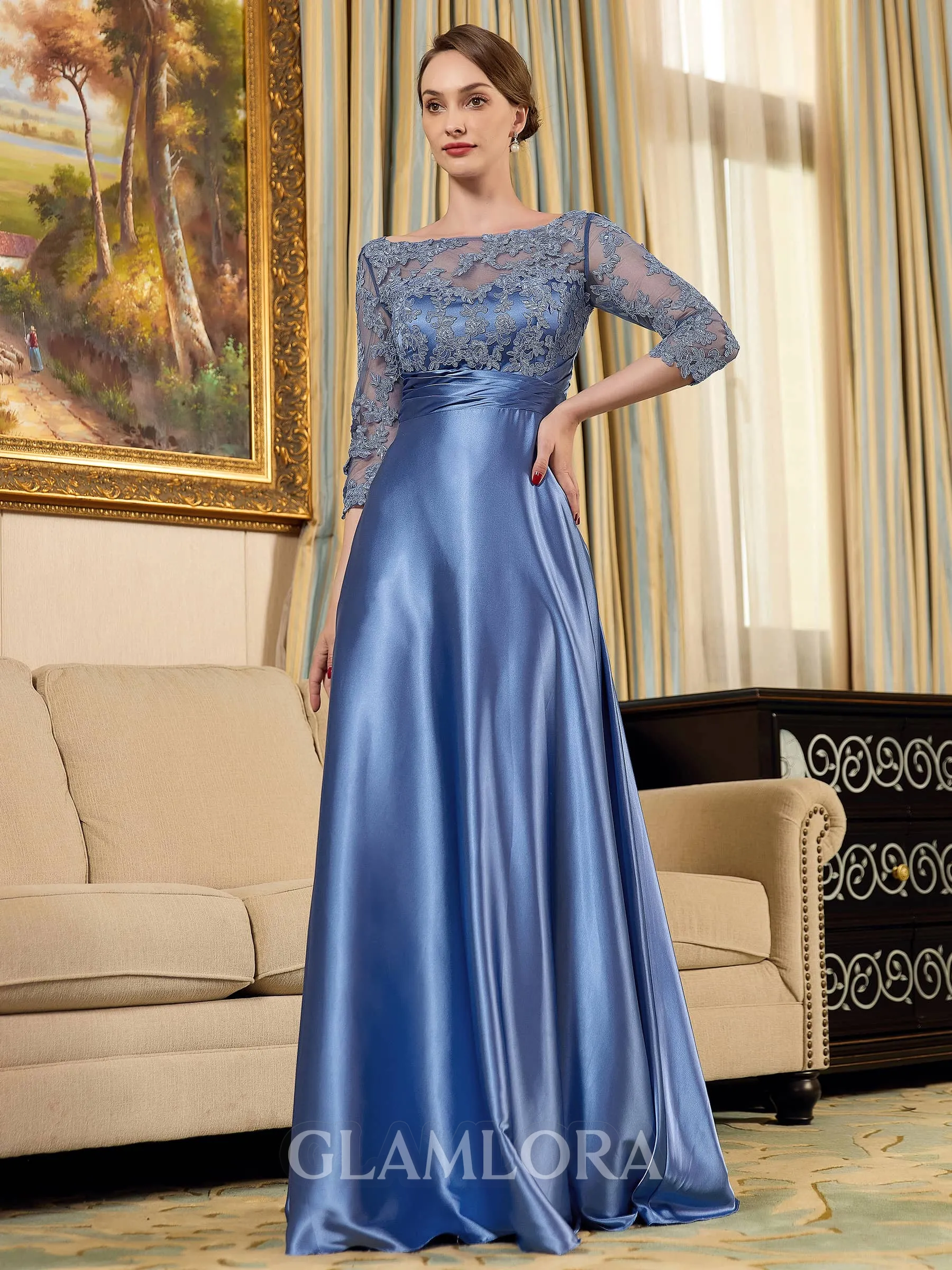 Rhythmic A-line Scoop 3/4 Sleeves Appliques Lace Floor-Length Silk Like Satin Mother of the Bride Dress