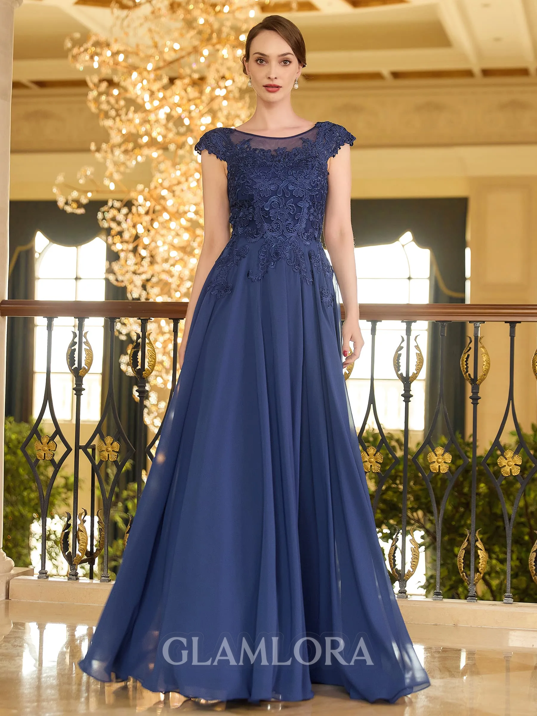 Tasteful A-line Scoop Short Sleeves Appliques Lace Floor-Length Chiffon Mother of the Bride Dress