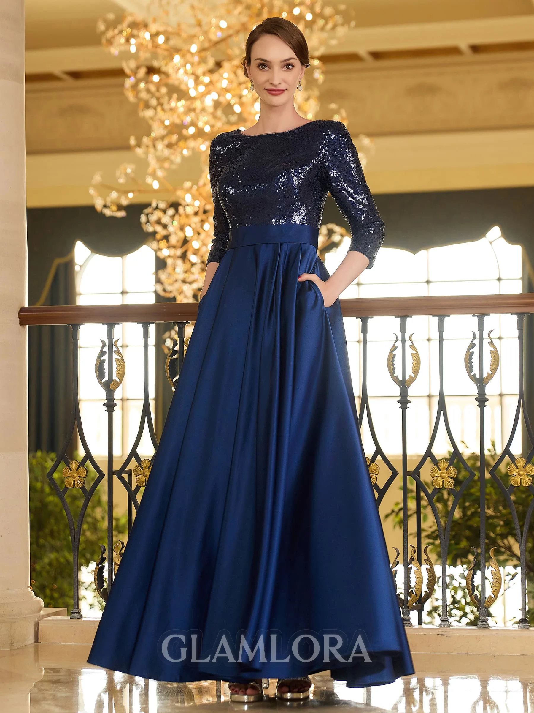 Resplendent A-line Scoop 3/4 Sleeves Sequin Ankle-Length Satin Mother of the Bride Dress