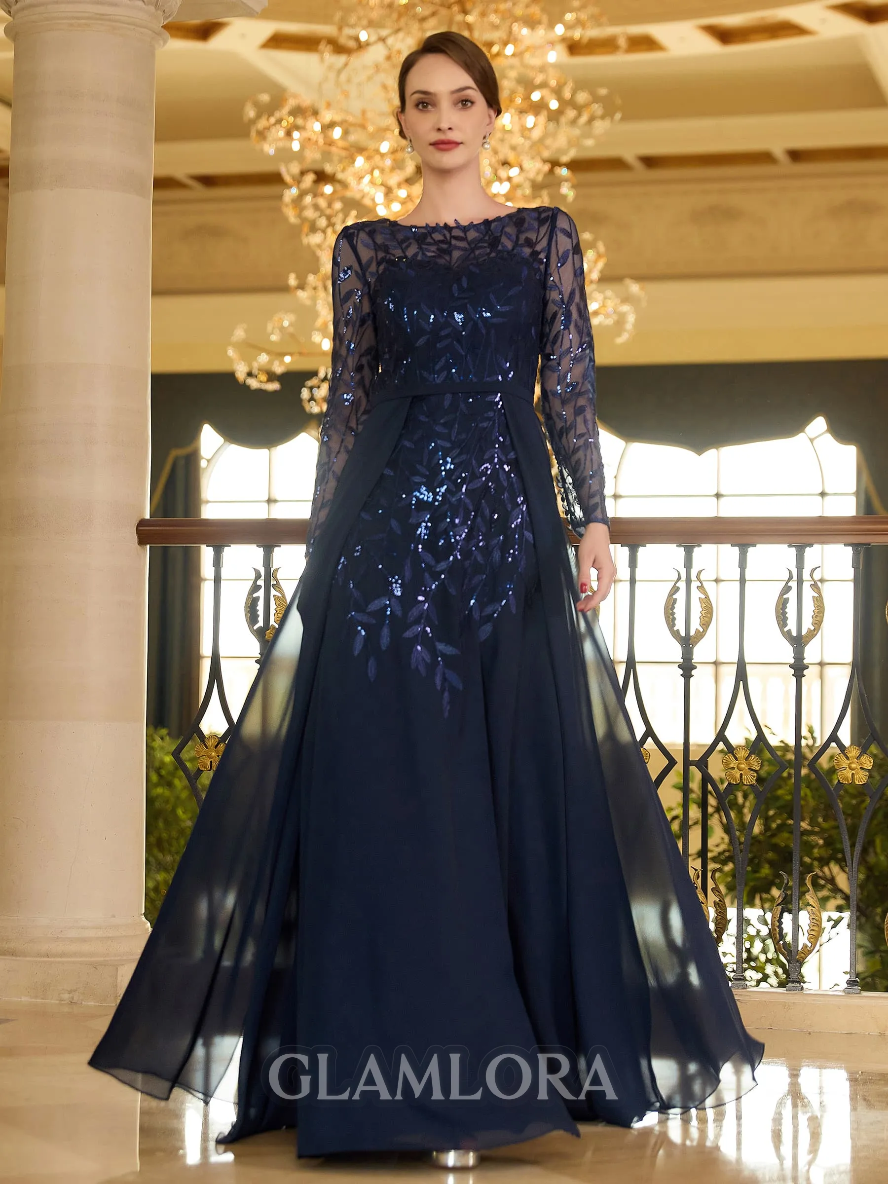 Understated A-line Scoop Long Sleeves Appliques Lace Floor-Length Chiffon Mother of the Bride Dress