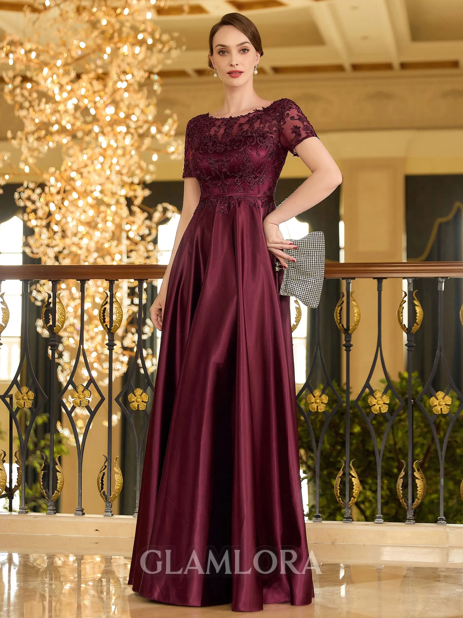 Flattering A-line Scoop Short Sleeves Appliques Lace Floor-Length Silk like Satin Mother of the Bride Dress