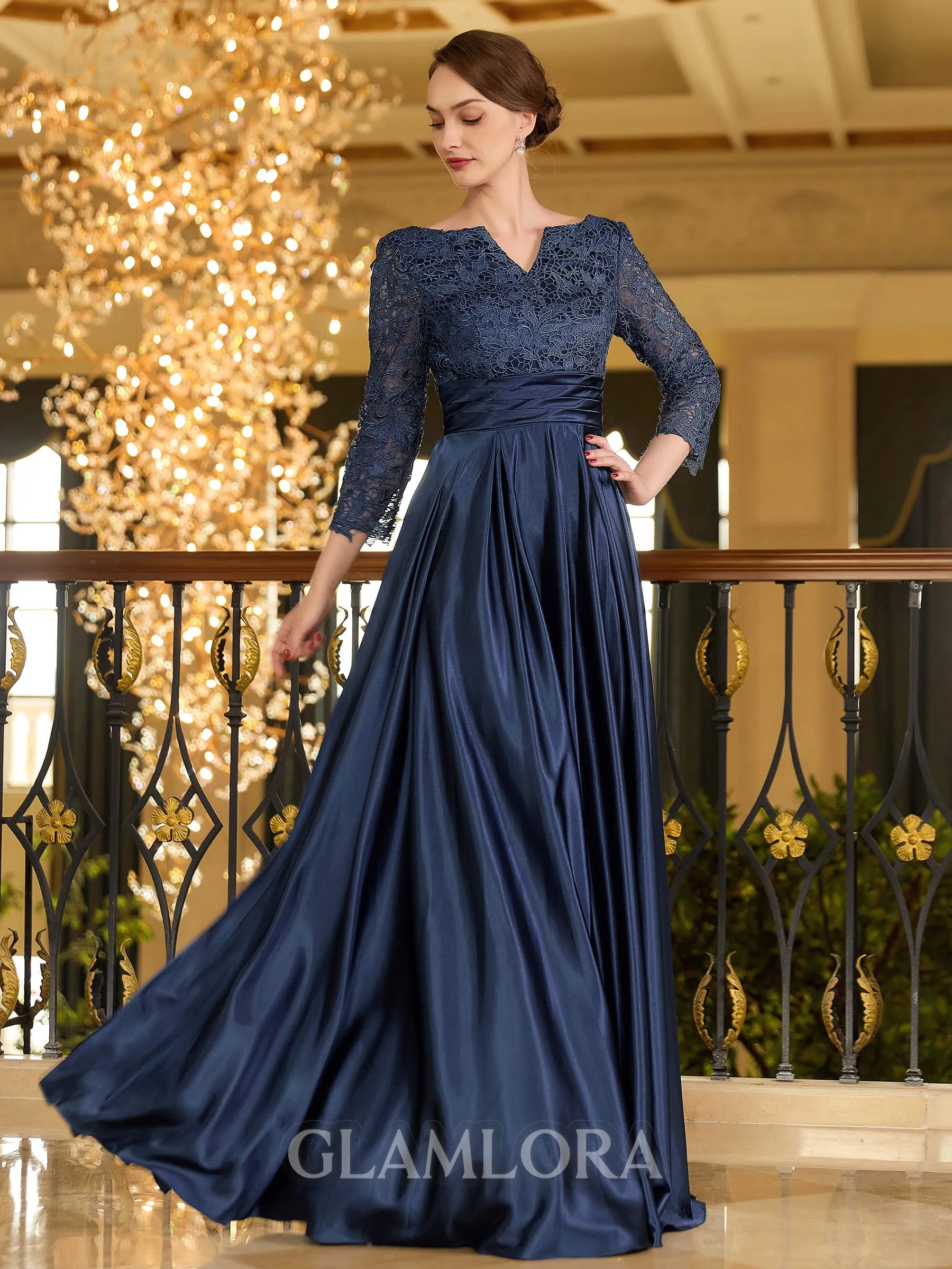 Charming A-line V-Neck 3/4 Sleeves Appliques Lace Floor-Length Silk like Satin Mother of the Bride Dress