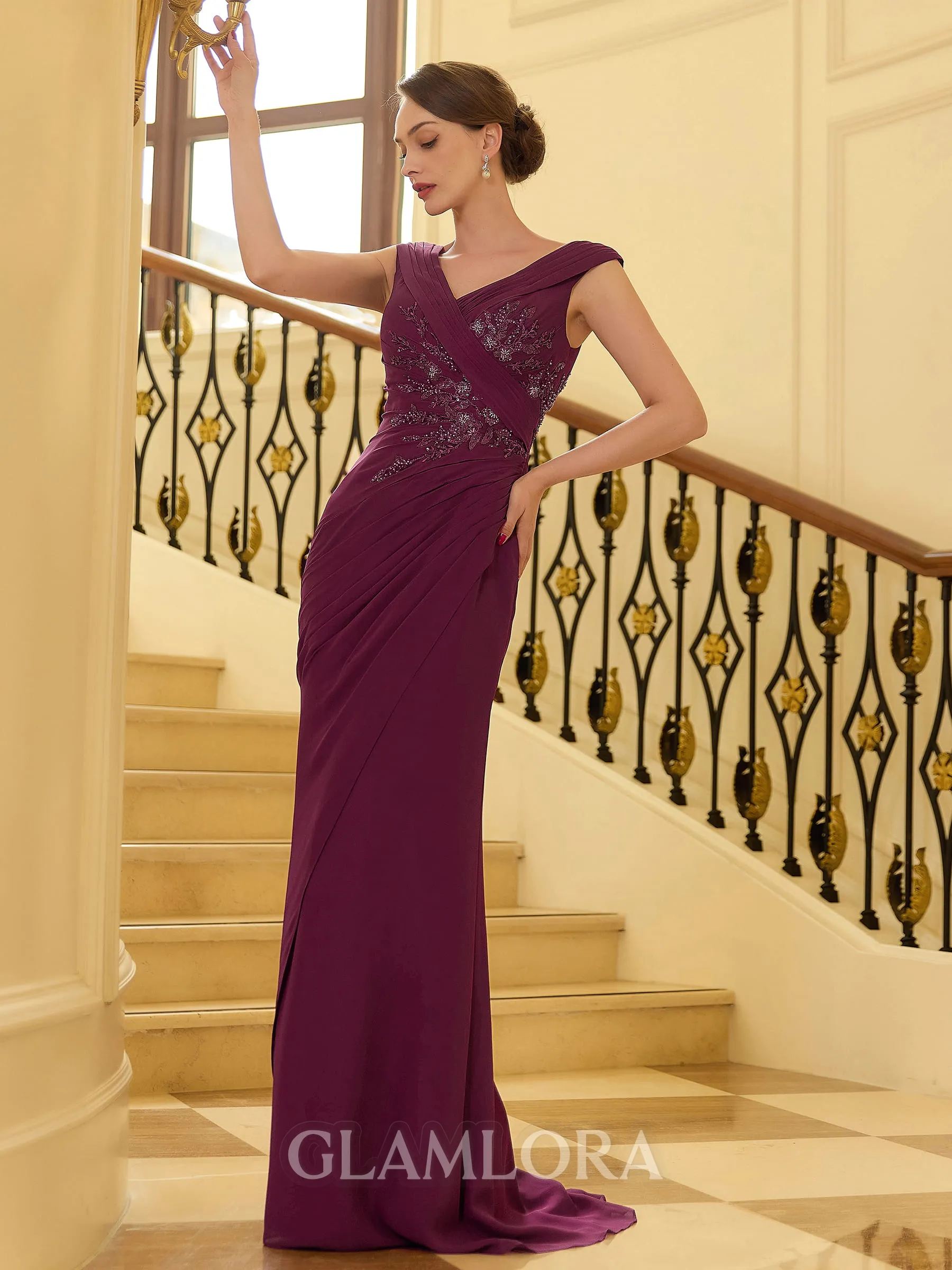 Resplendent Sheath V-Neck Beading Floor-Length Chiffon Mother of the Bride Dress