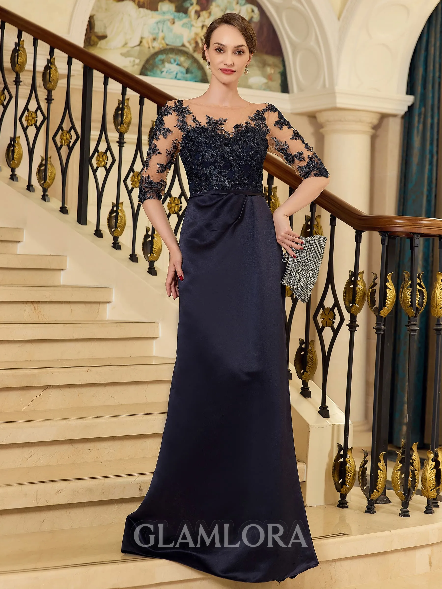 Unforgettable Sheath/Column Satin Applique Bateau 1/2 Sleeves Sweep Train Mother of the Bride Dresses