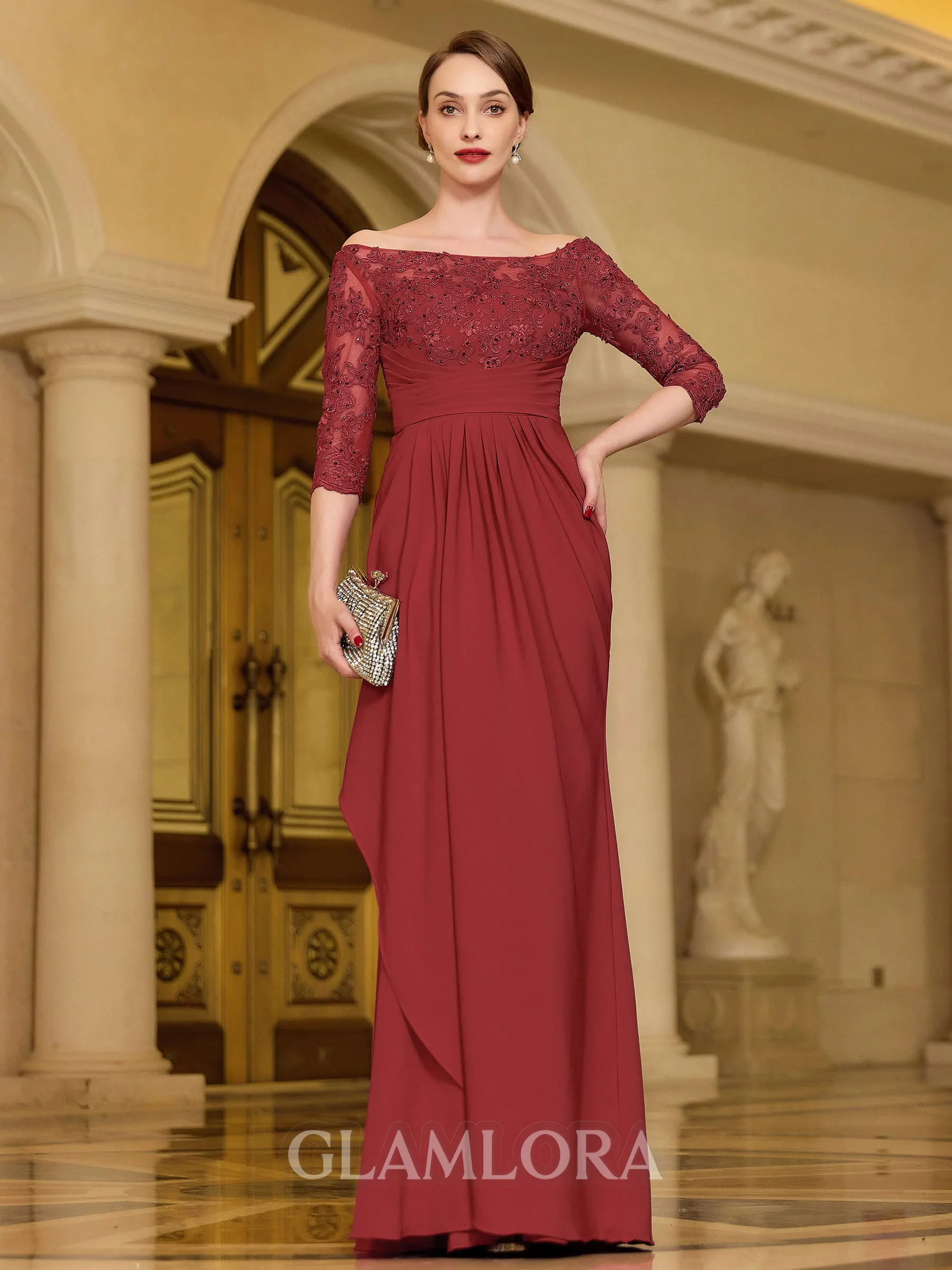 Delicate A-Line/Princess Stretch Crepe Lace Off-the-Shoulder 3/4 Sleeves Floor-Length Mother of the Bride Dresses