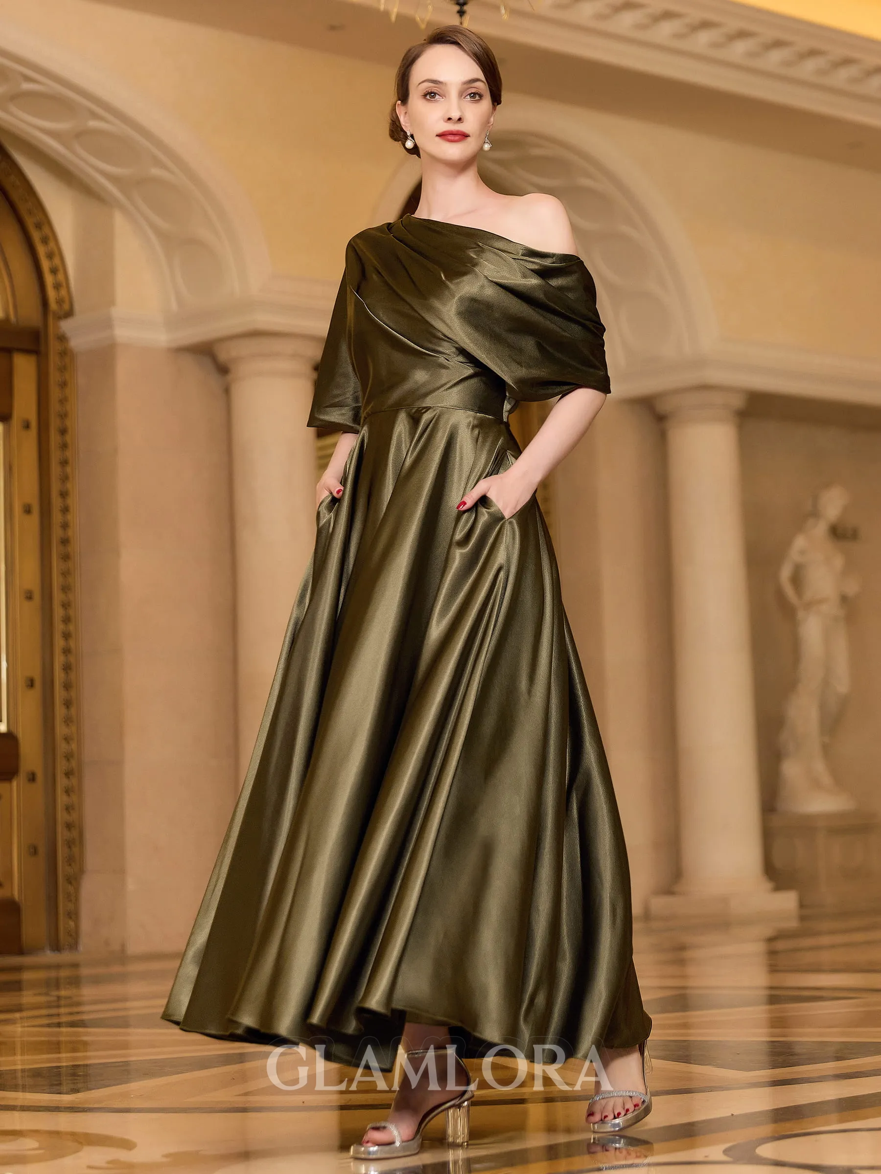 Radiant A-line Short Sleeves Pleated Ankle-Length Silk like Satin Mother of the Bride Dress