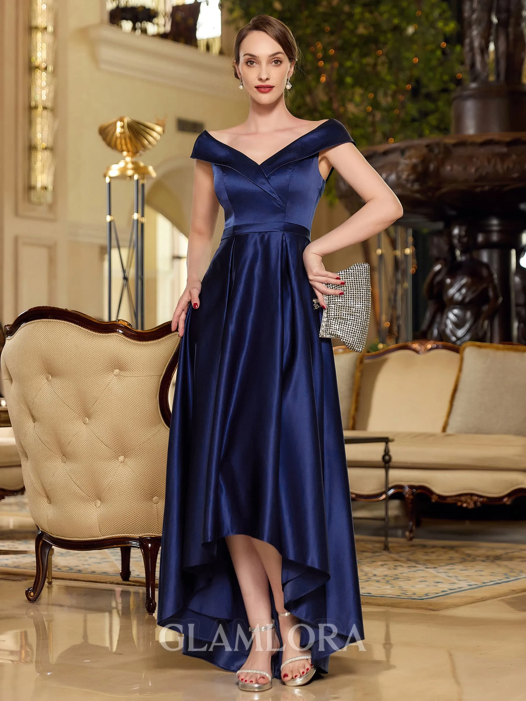 Refined A-line Off-the-Shoulder Pleated Asymmetrical Satin Mother of the Bride Dress