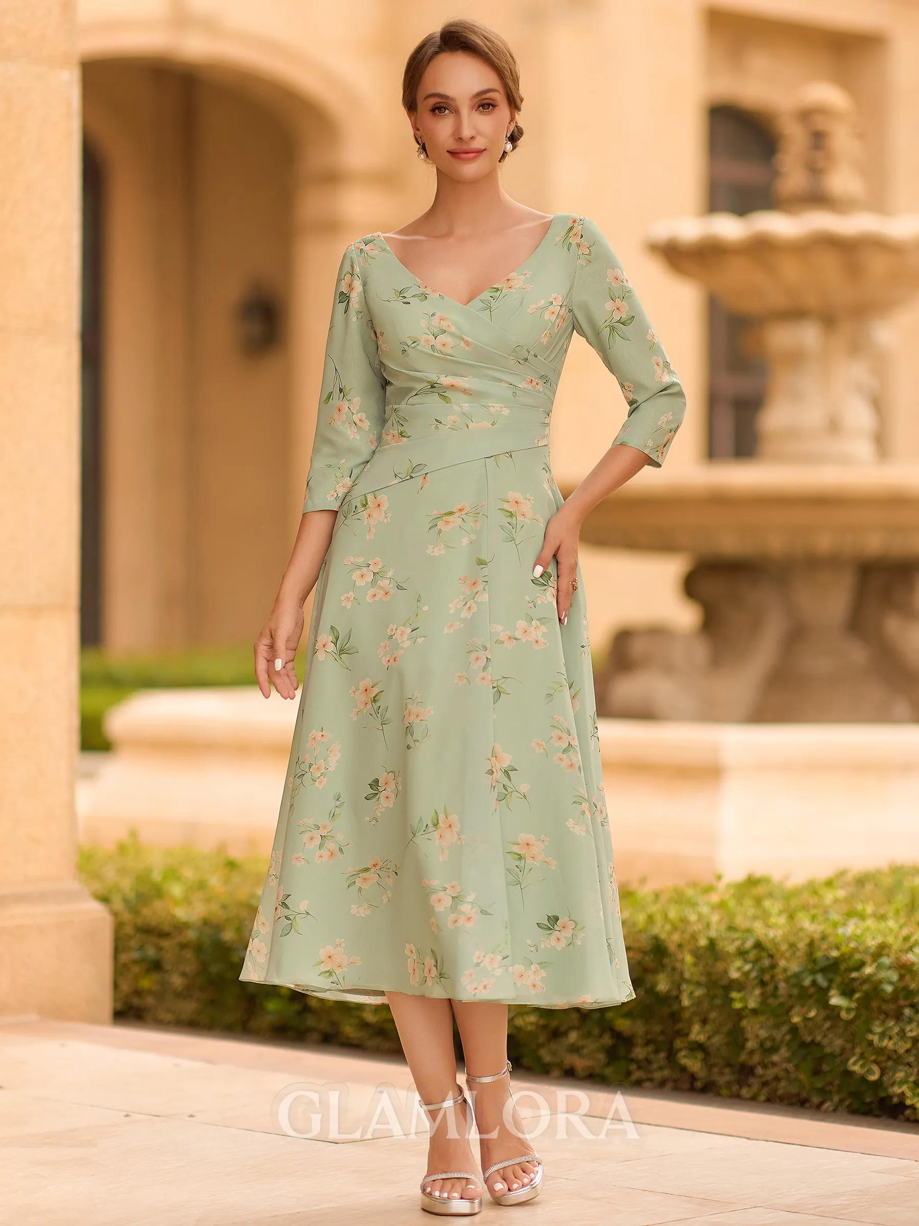 Stylish A-line V-Neck 3/4 Sleeves Pleated Tea-Length Mother of the Bride Dress