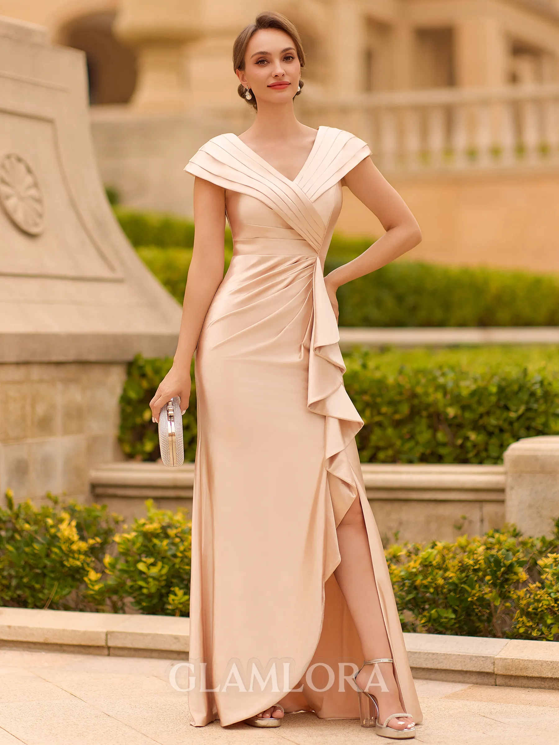 Resplendent Sheath V-Neck Short Sleeves Pleated Floor-Length Mother of the Bride Dress