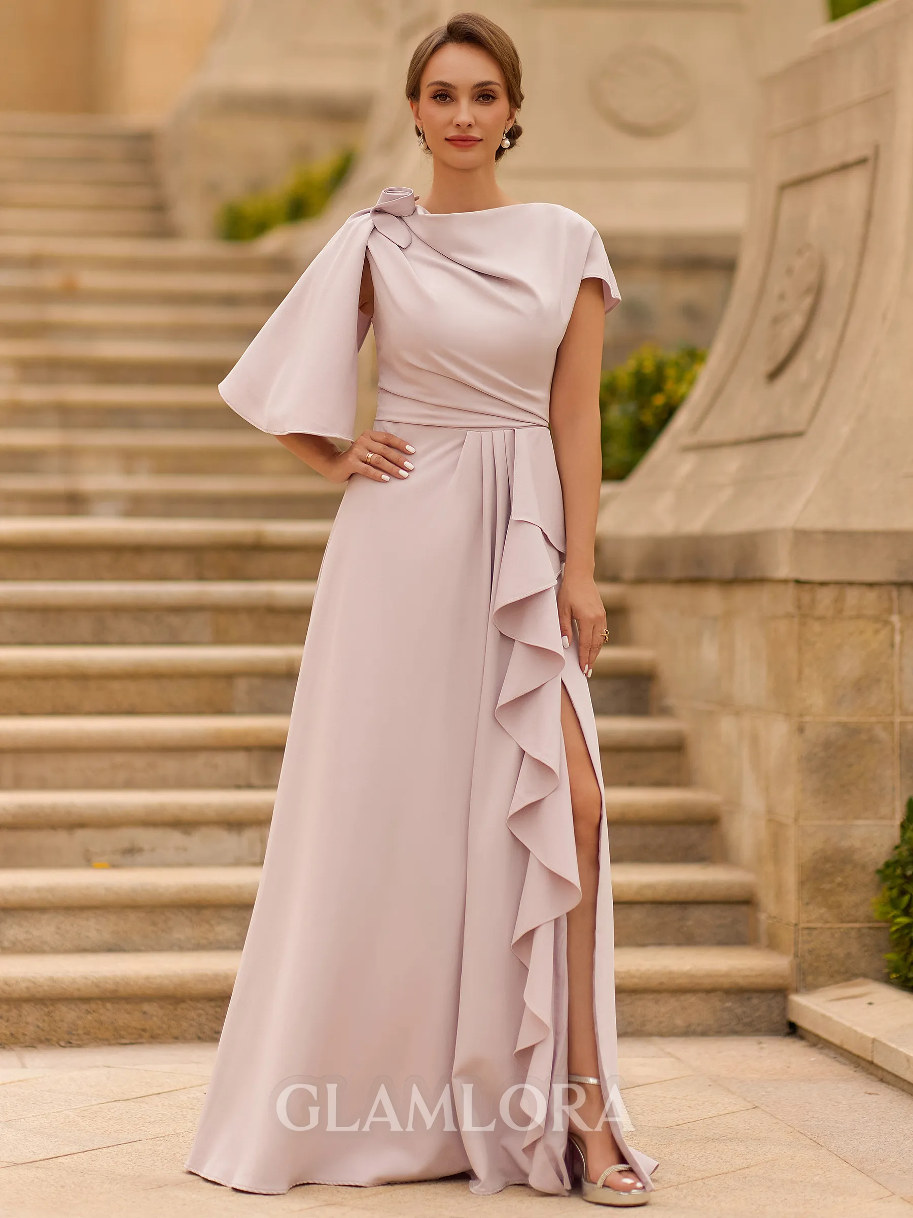 Polished A-line Scoop Short Sleeves Ruffles Floor-Length Stretch Crepe Corset Mother of the Bride Dress