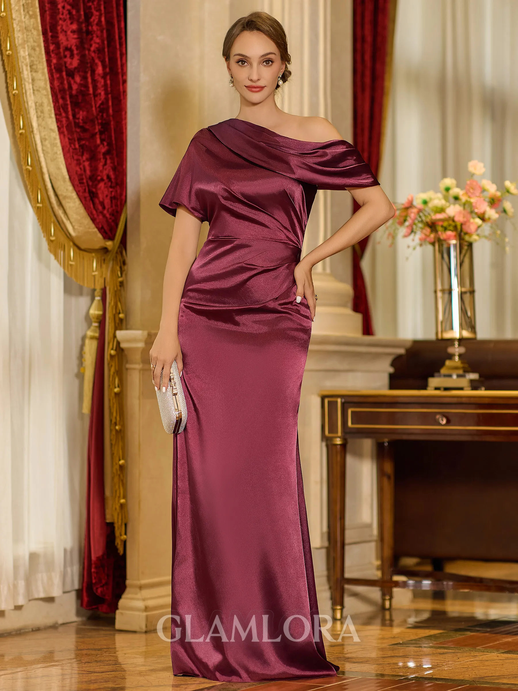 Endearing Sheath One-Shoulder Short Sleeves Pleated Floor-Length Silk Like Satin Mother of the Bride Dress