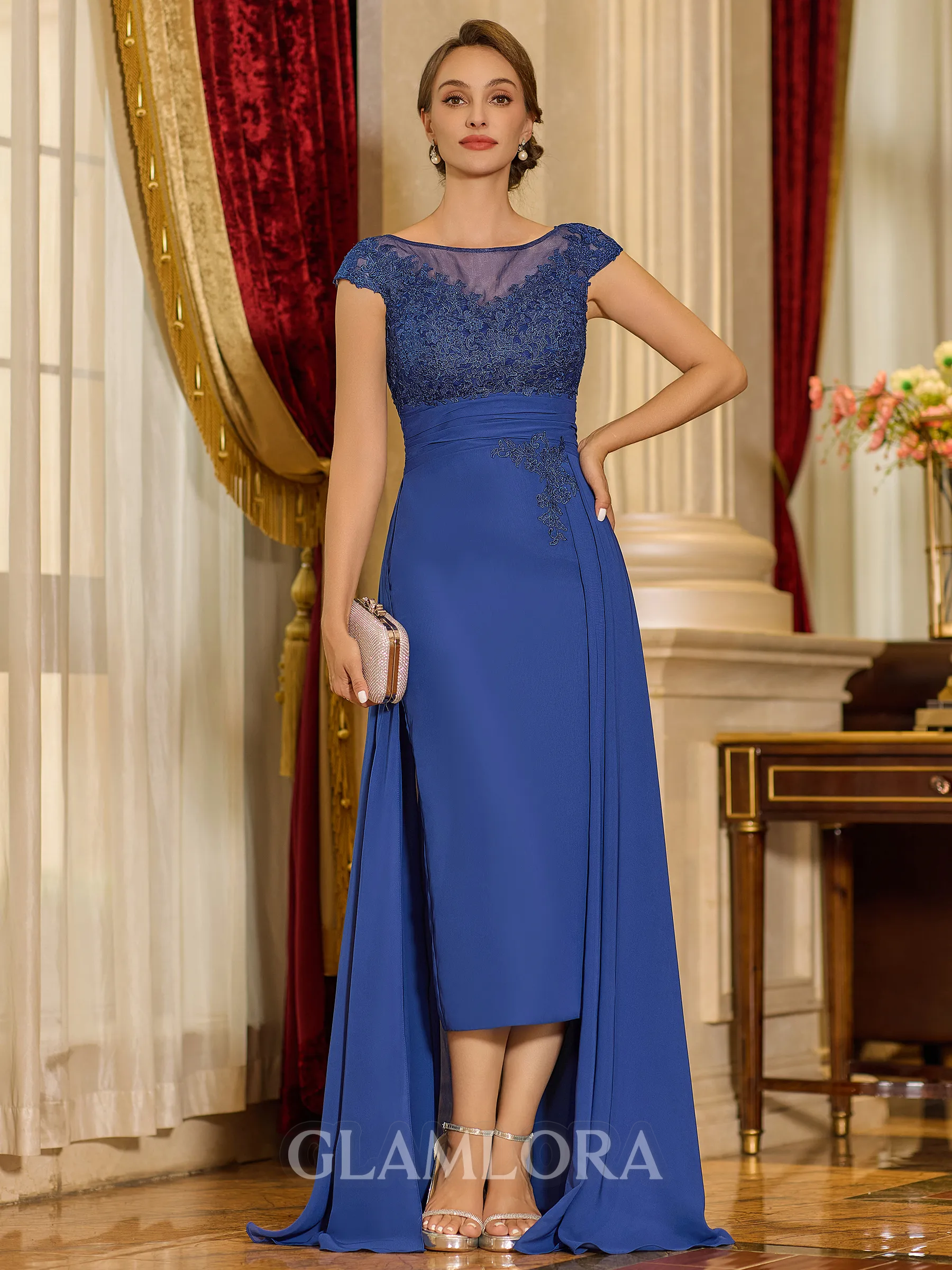 Tasteful A-line Scoop Short Sleeves Appliques Lace Asymmetrical Chiffon Mother of the Bride Dress