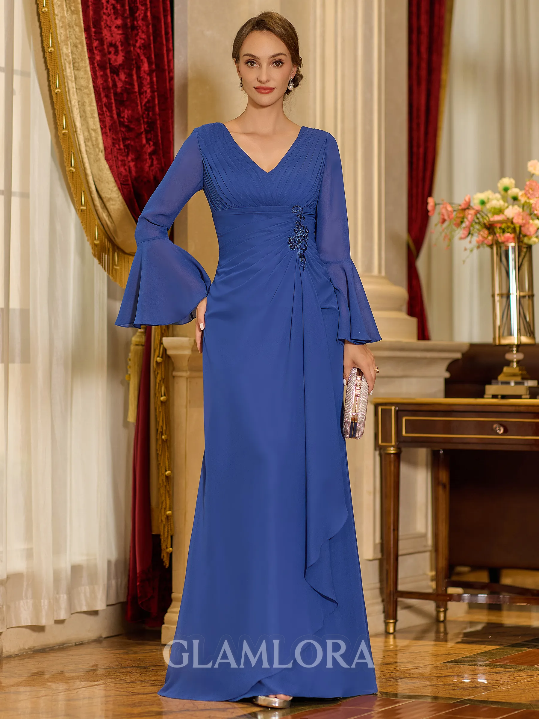 Sophisticated Sheath V-Neck Long Sleeves Pleated Floor-Length Chiffon Mother of the Bride Dress