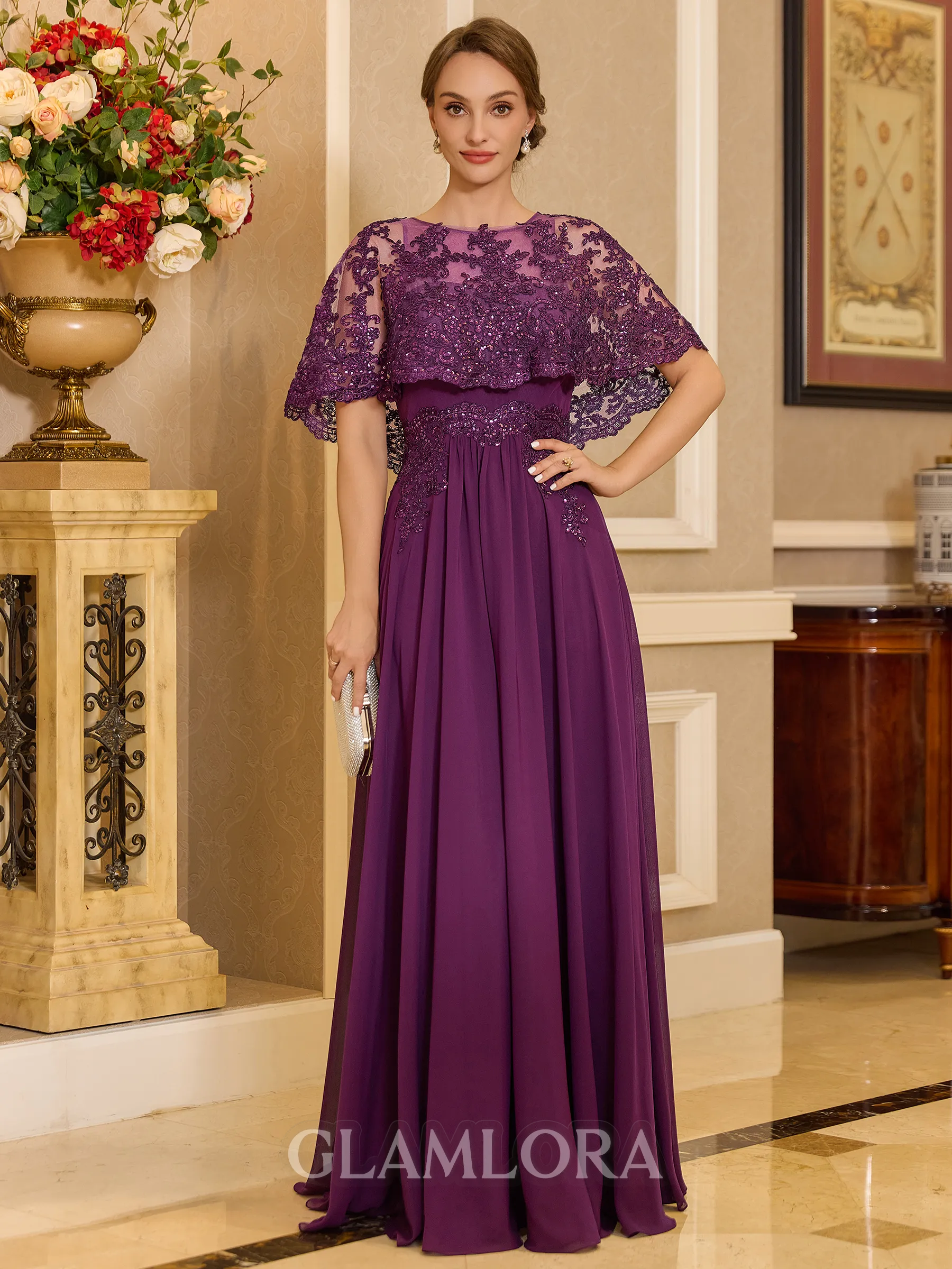 Graceful A-line Scoop Short Sleeves Appliques Lace Floor-Length Chiffon Mother of the Bride Dress