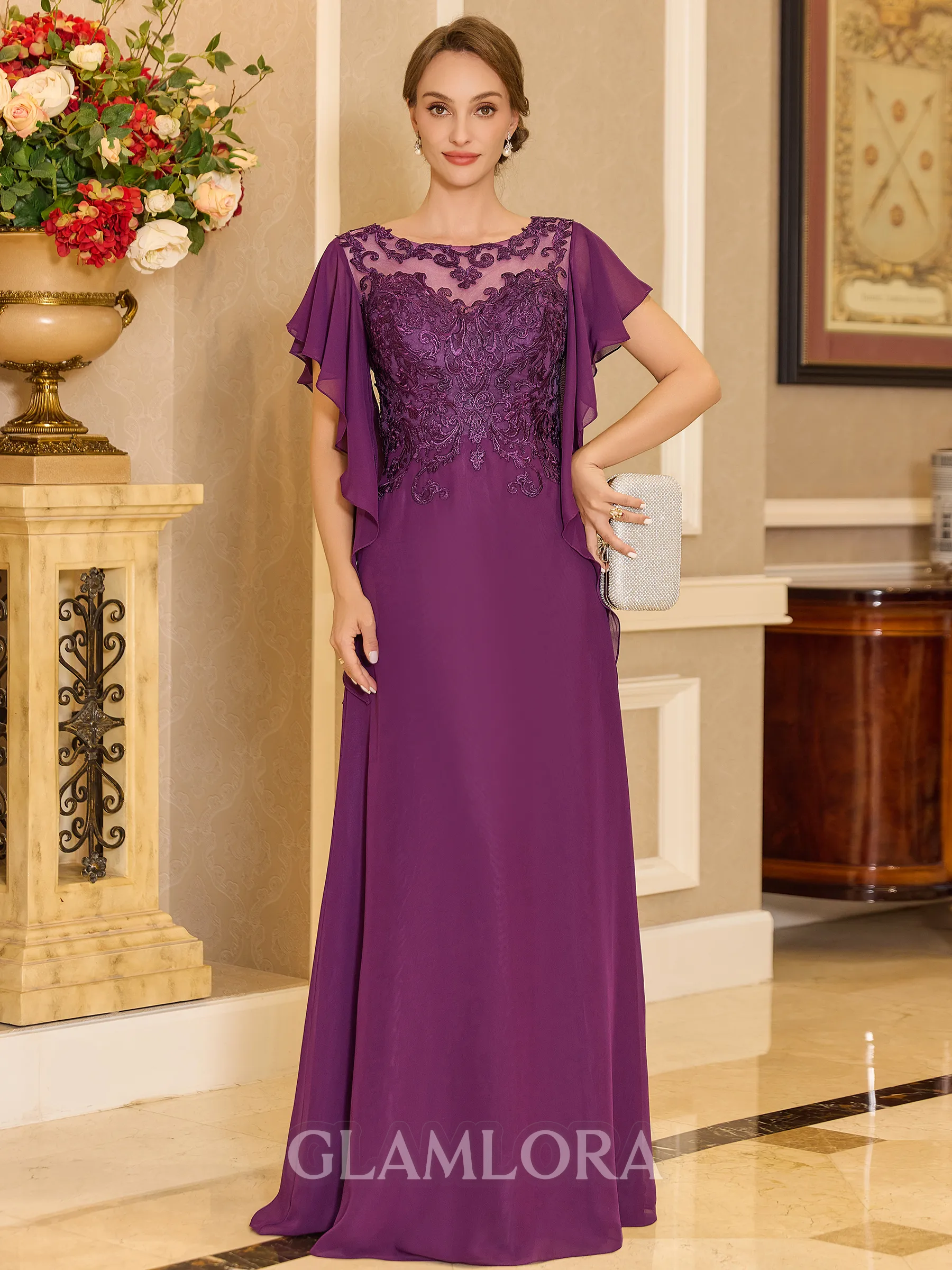Stylish A-line Scoop Short Sleeves Appliques Lace Floor-Length Chiffon Mother of the Bride Dress