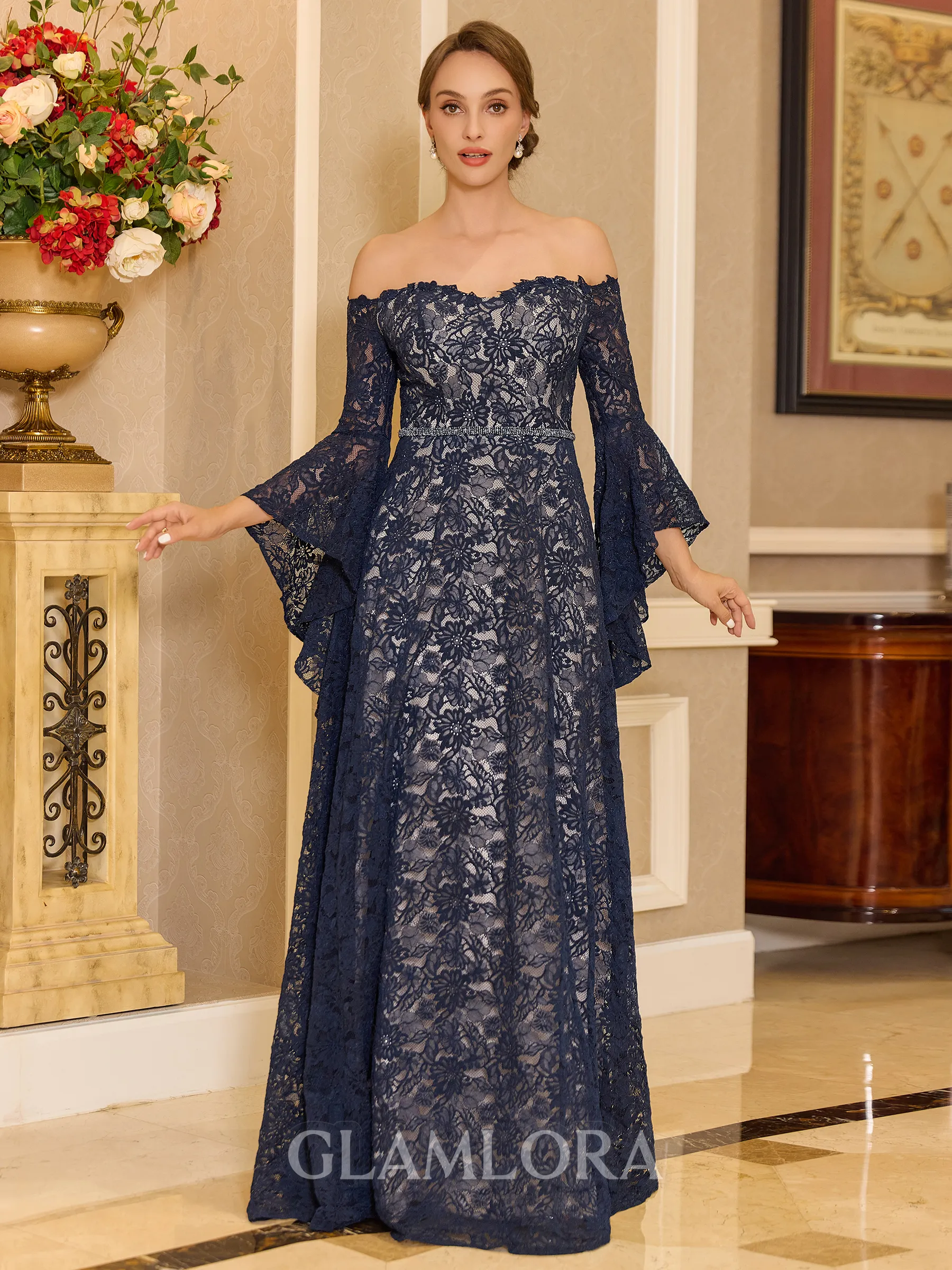 Classy A-line Off-the-Shoulder Long Sleeves Floor-Length Lace Corset Mother of the Bride Dress