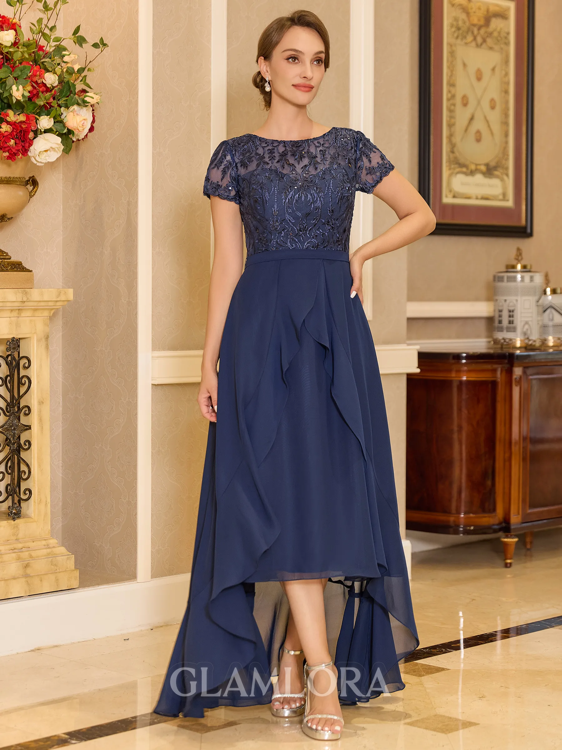 Tasteful A-line Scoop Short Sleeves Appliques Lace Asymmetrical Chiffon Mother of the Bride Dress