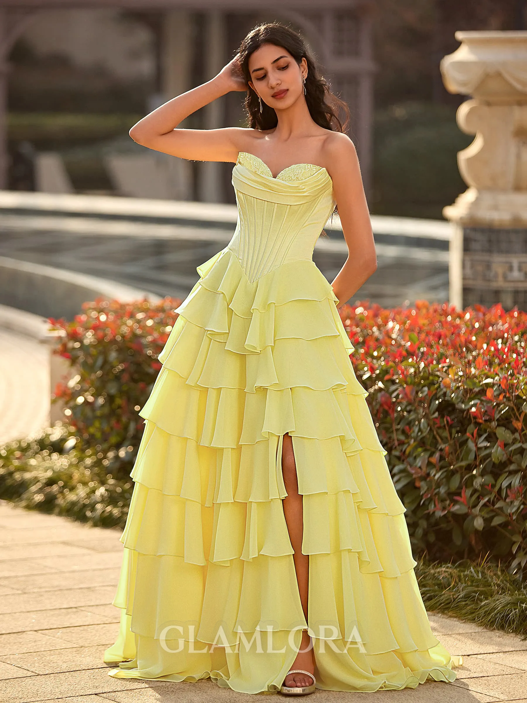 Perfect A-line Sweetheart Cascading Ruffles Sweep Train Chiffon Corset Prom Dress