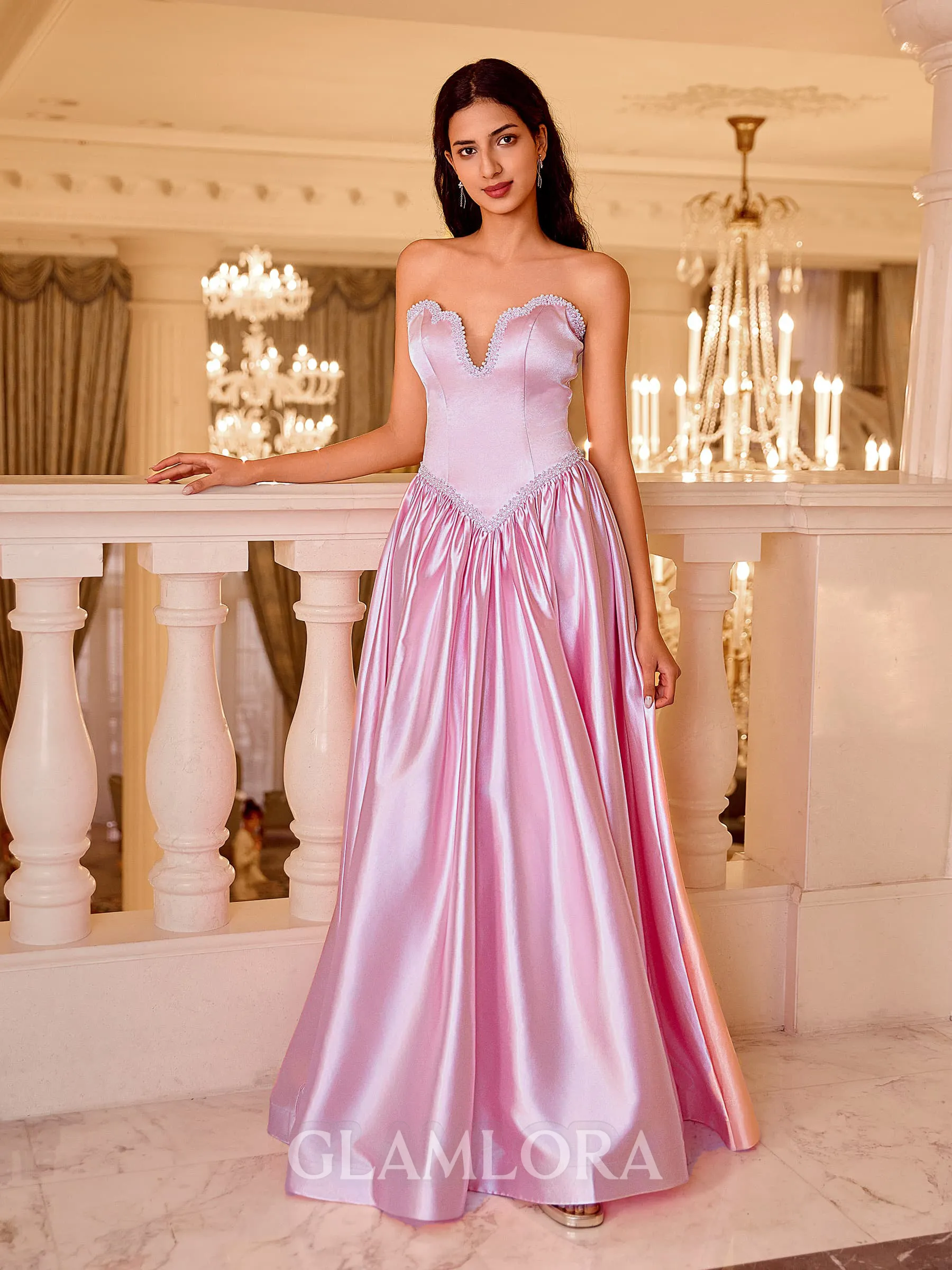 Exquisite A-line Sweetheart Beading Floor-Length Silk like Satin Prom Dress