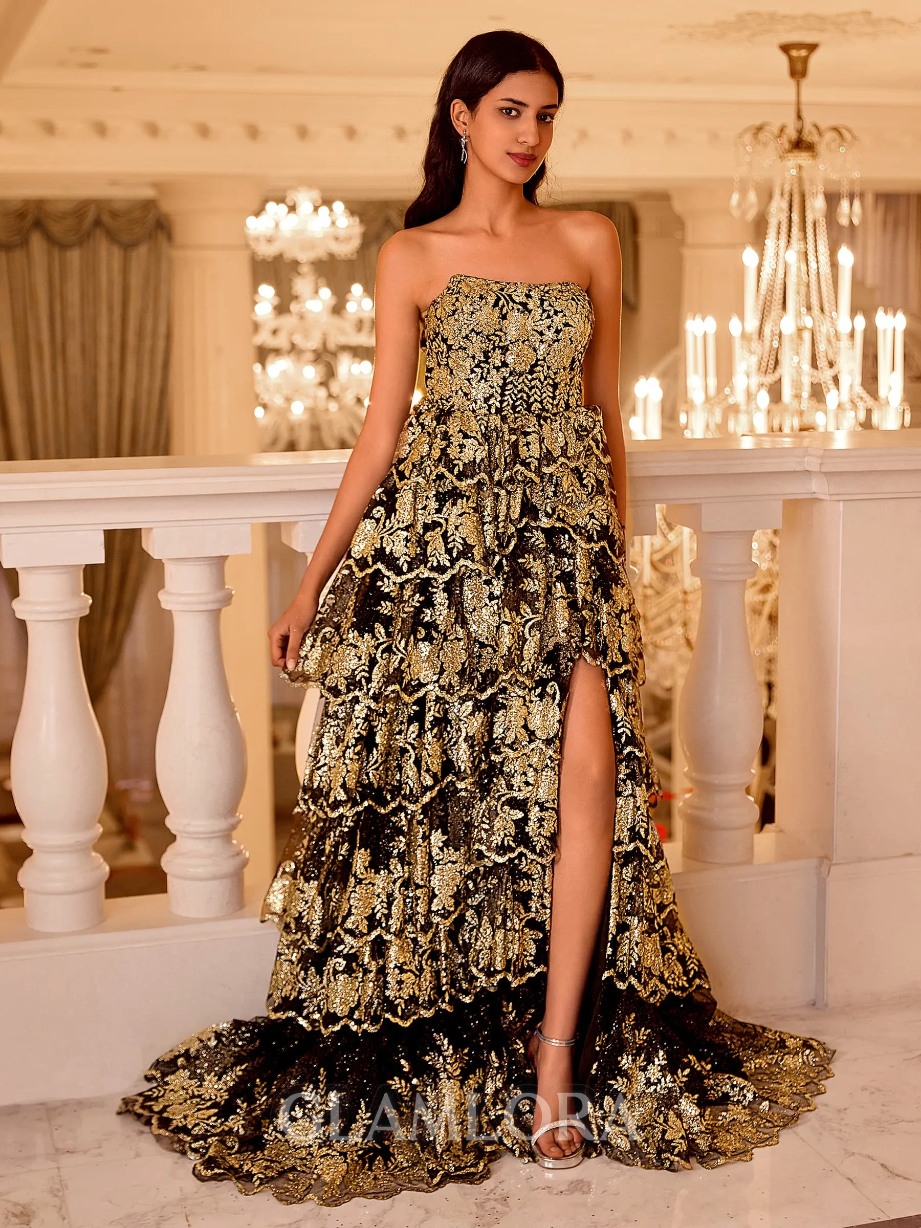 Stunning A-line Straight Appliques Lace Sweep Train Tulle Prom Dress