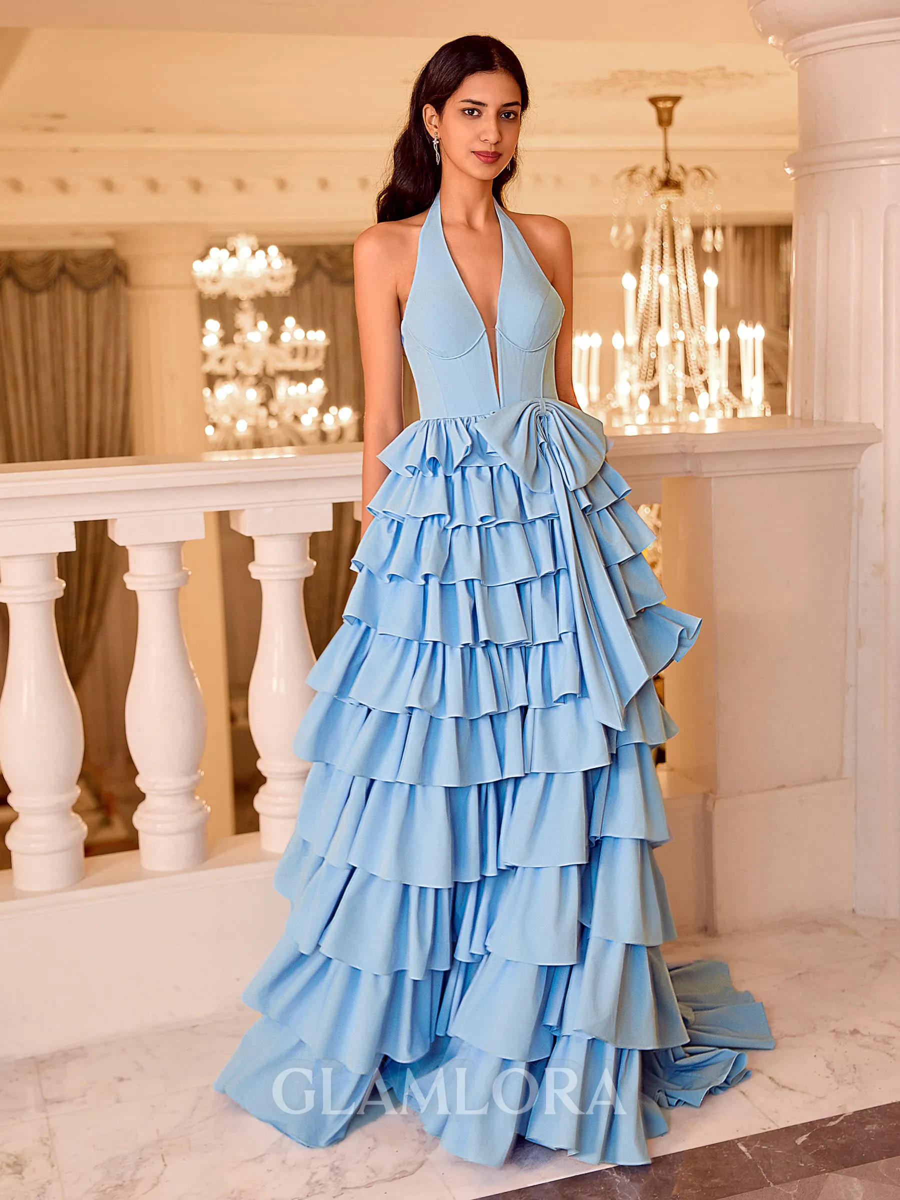 Splendid A-line Halter Bow Sweep Train Corset Prom Dress