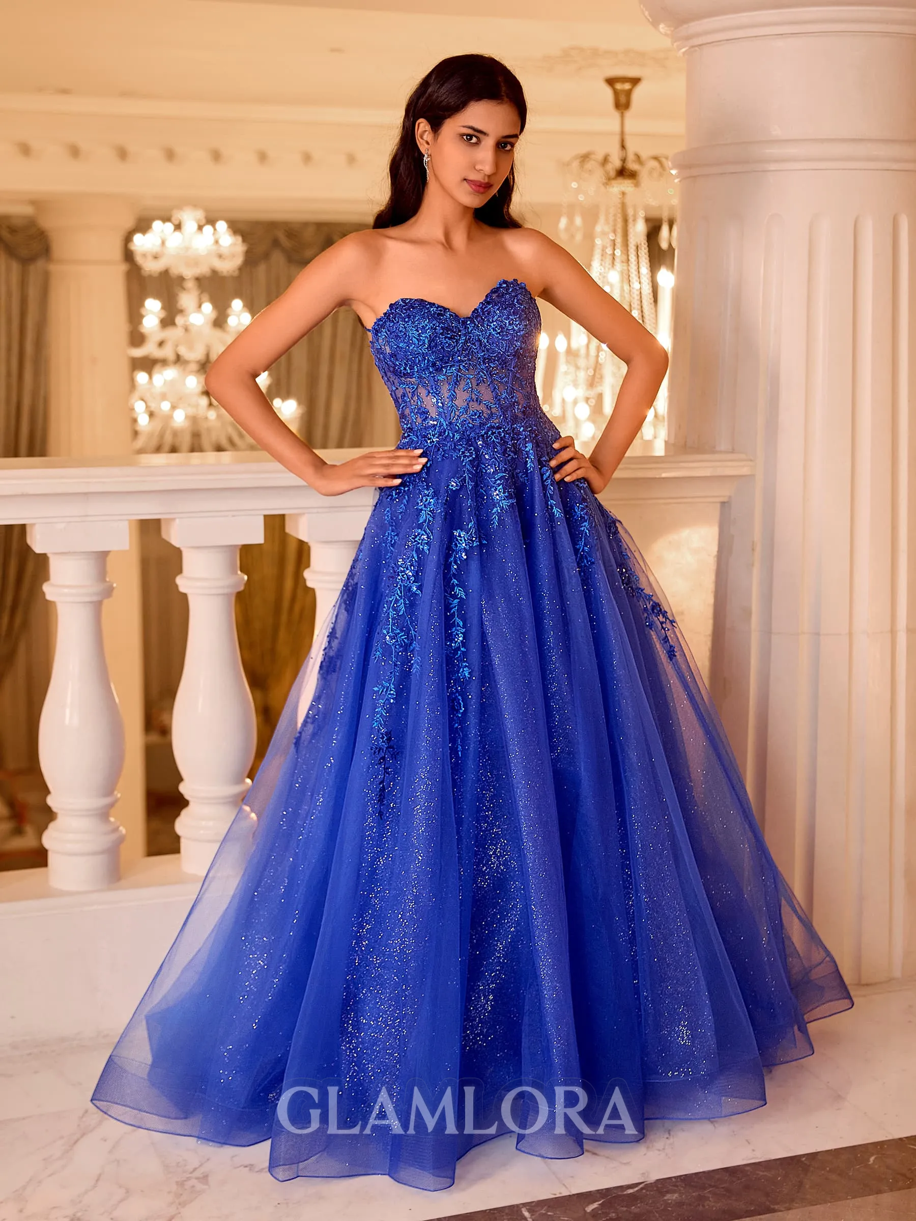 Graceful A-line Sweetheart Appliques Lace Sweep Train Tulle Corset Prom Dress