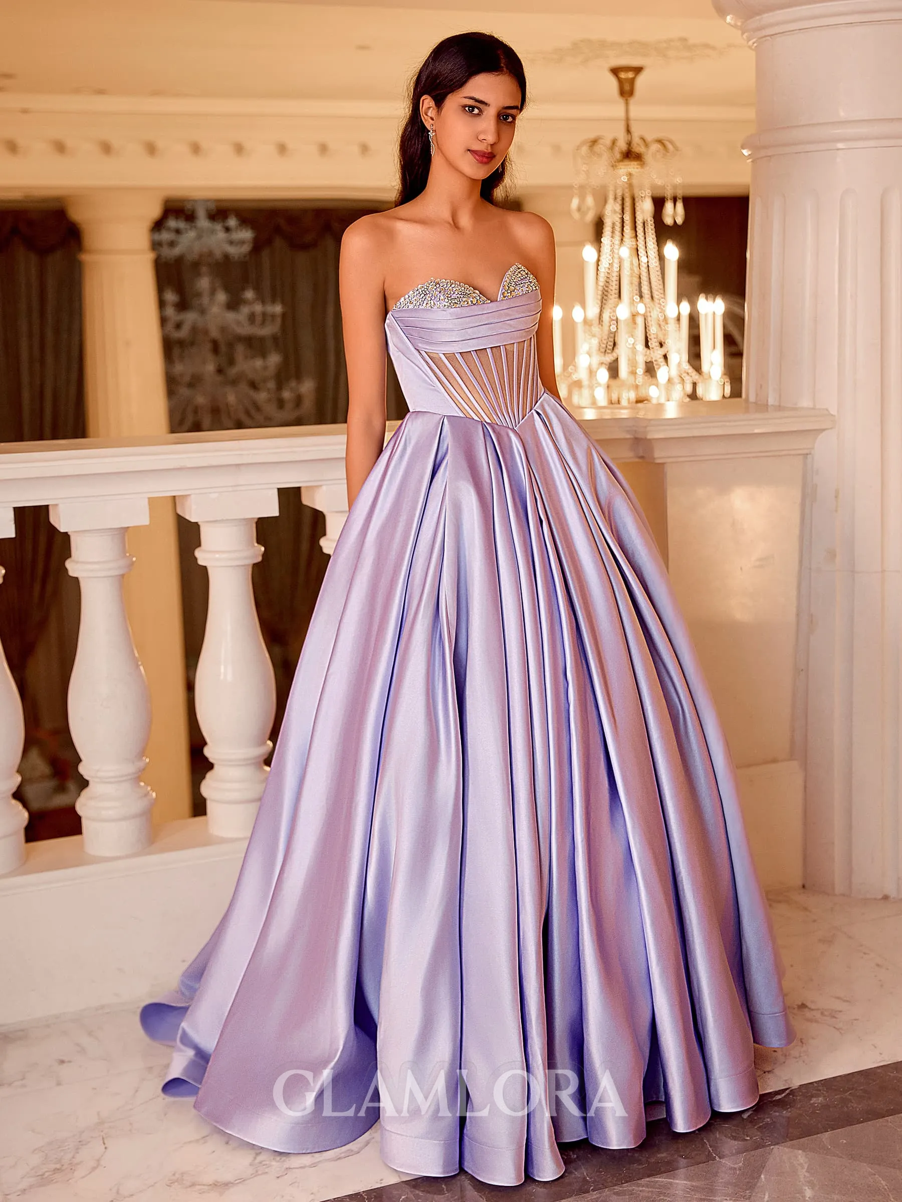 Breathtaking Ball-Gown Sweetheart Rhinestone Sweep Train Satin Corset Prom Dress