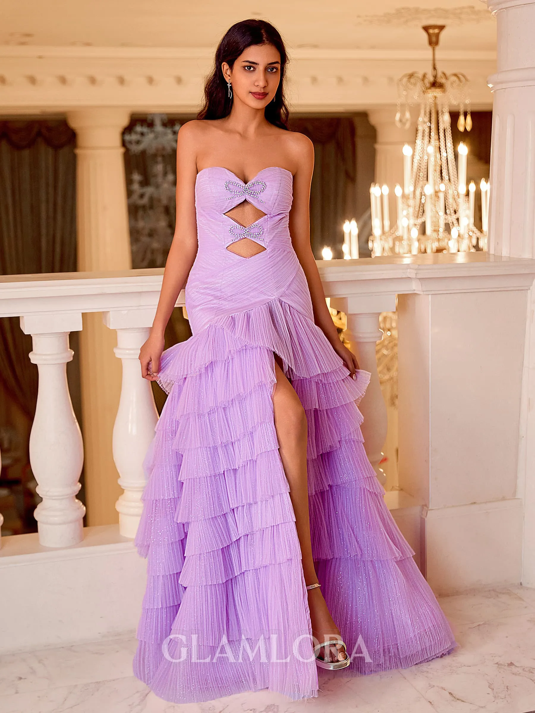 Gorgeous Sheath Sweetheart Cascading Ruffles Sweep Train Tulle Prom Dress