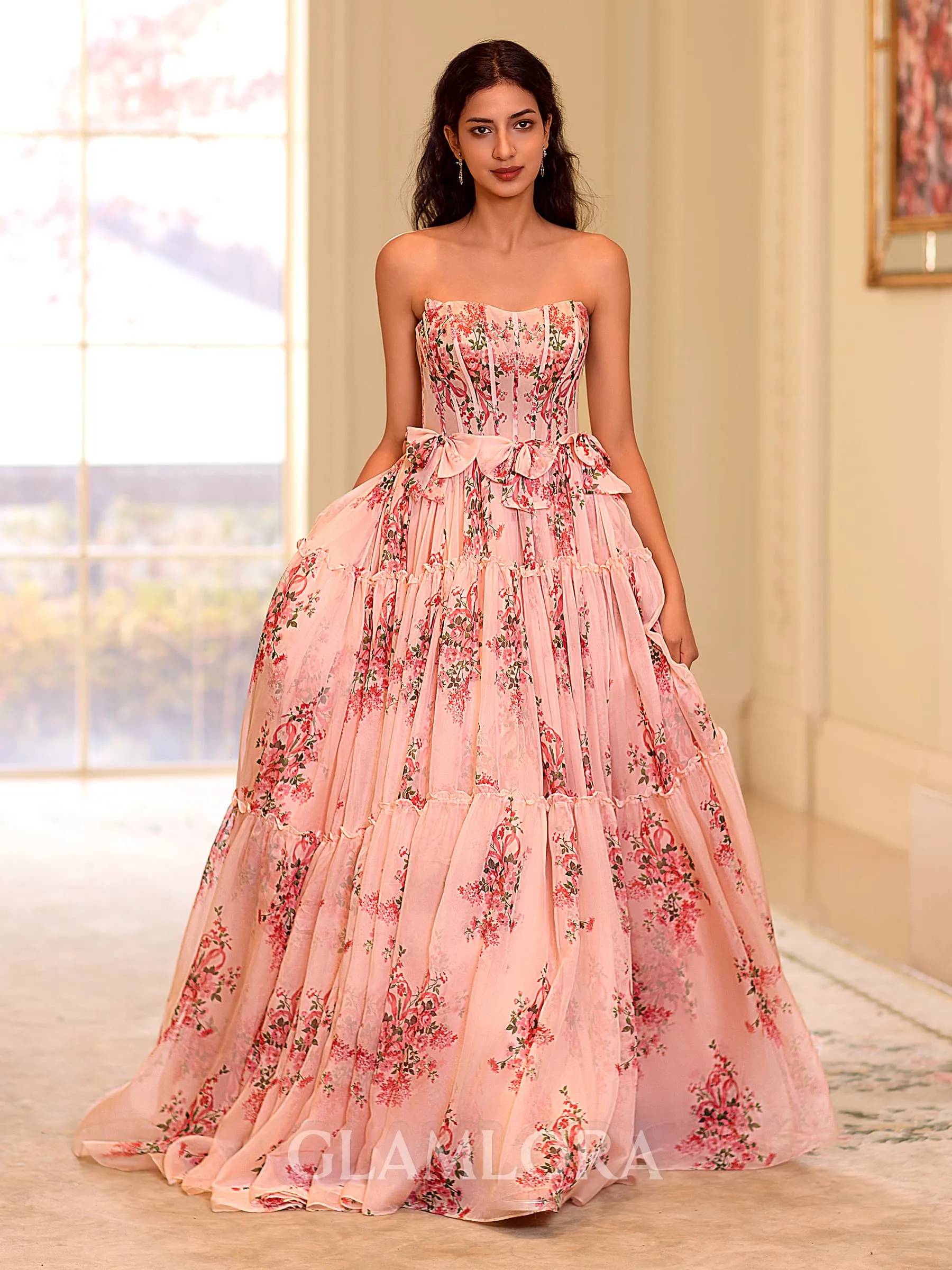 Unforgettable A-line Straight Bow Sweep Train Corset Prom Dress