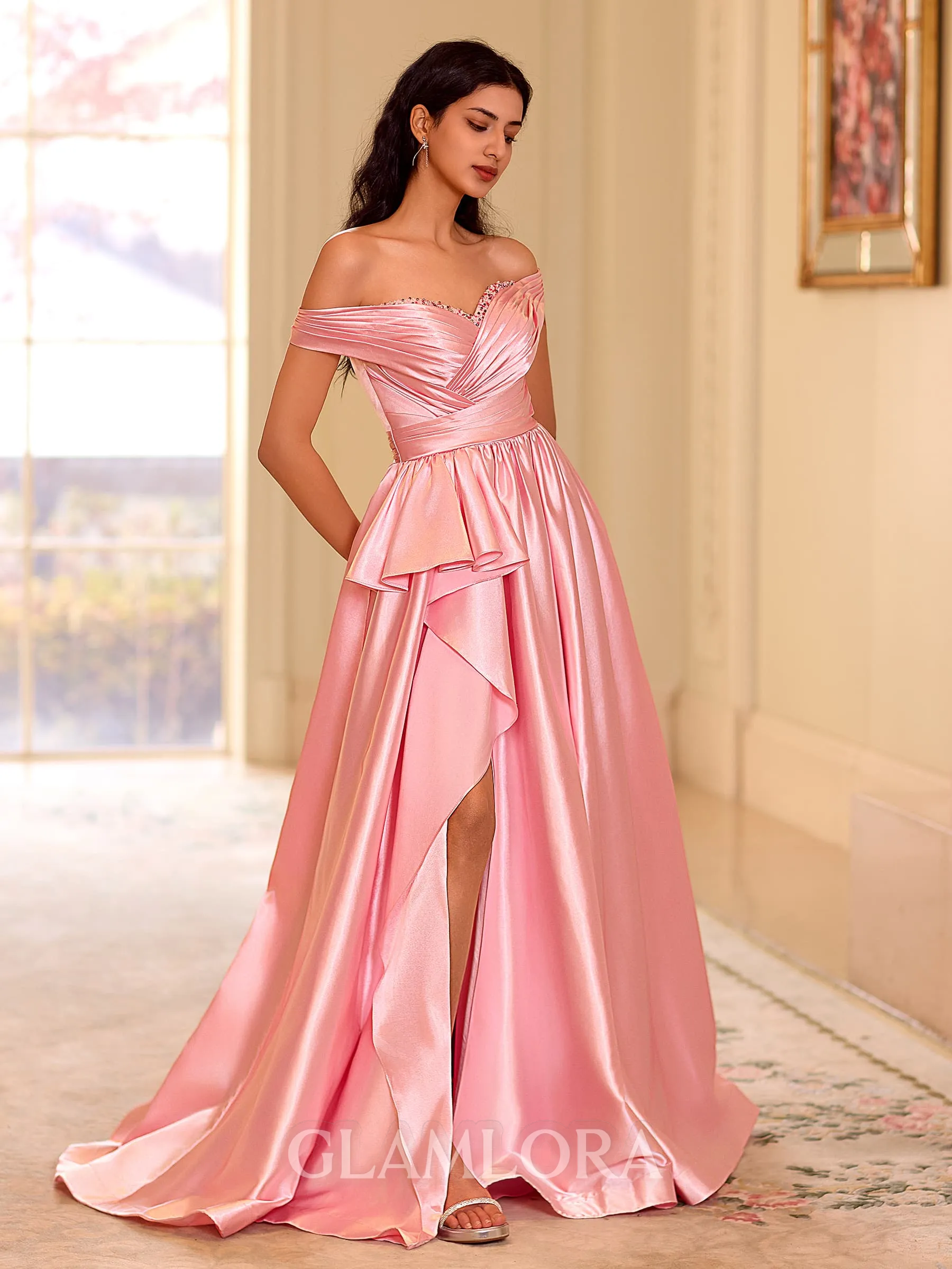 Perfect A-line Off-the-Shoulder Ruffles Sweep Train Silk like Satin Prom Dress