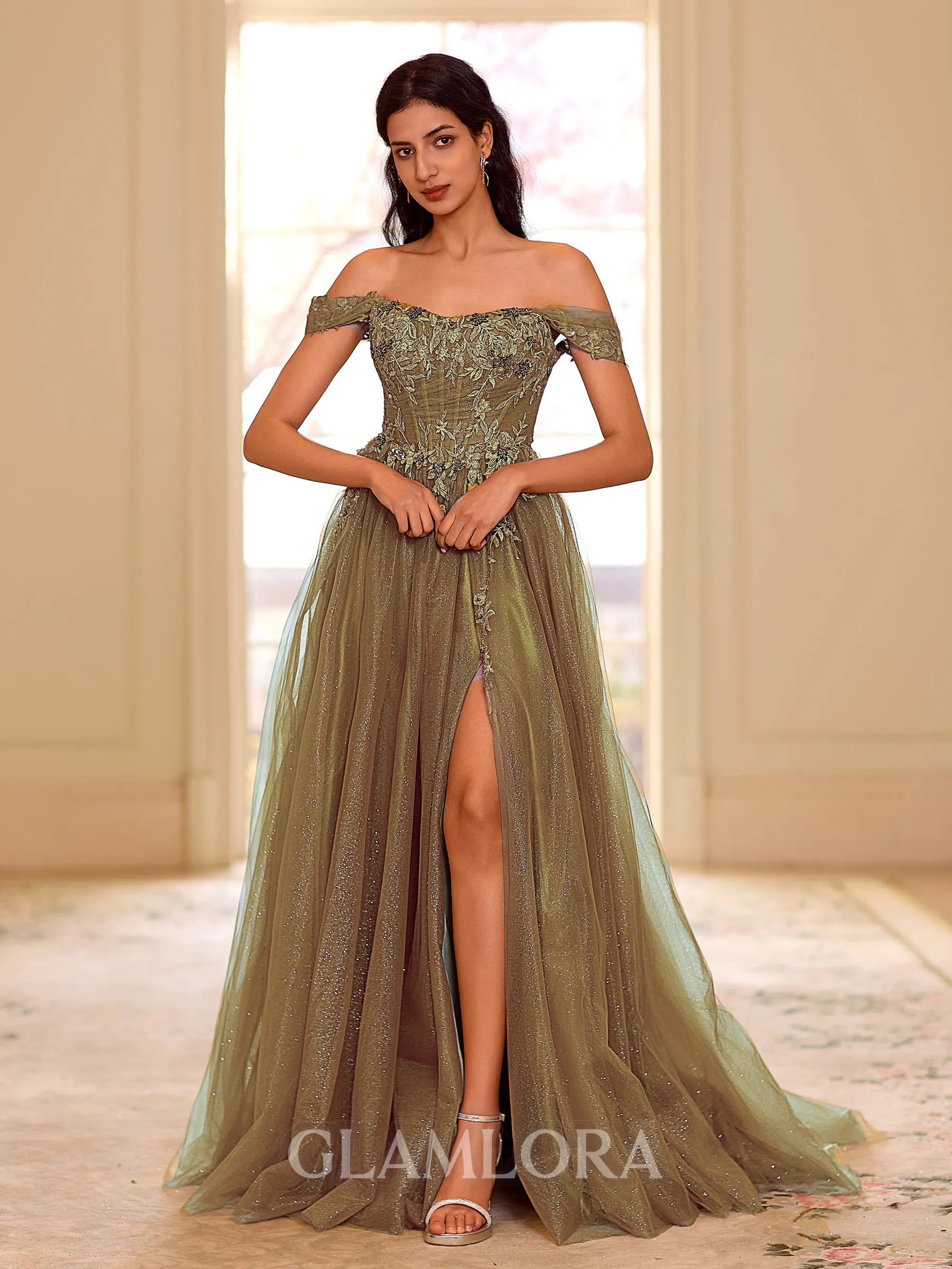 Stunning A-line Off-the-Shoulder Appliques Lace Sweep Train Tulle Corset Prom Dress