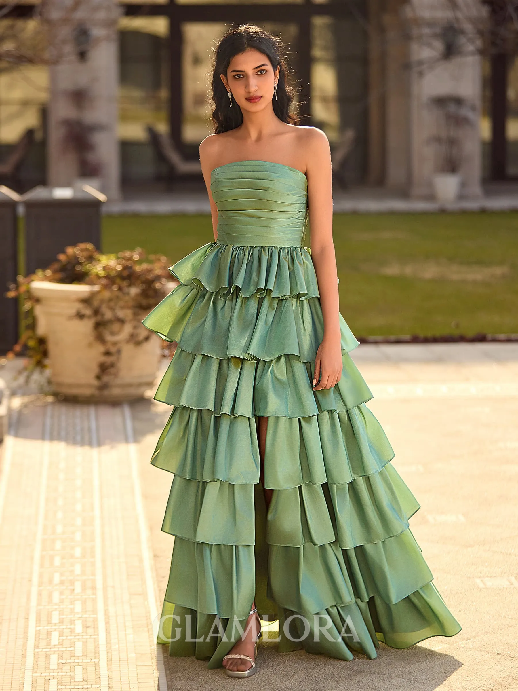 Exquisite A-line Straight Cascading Ruffles Floor-Length Taffeta Prom Dress