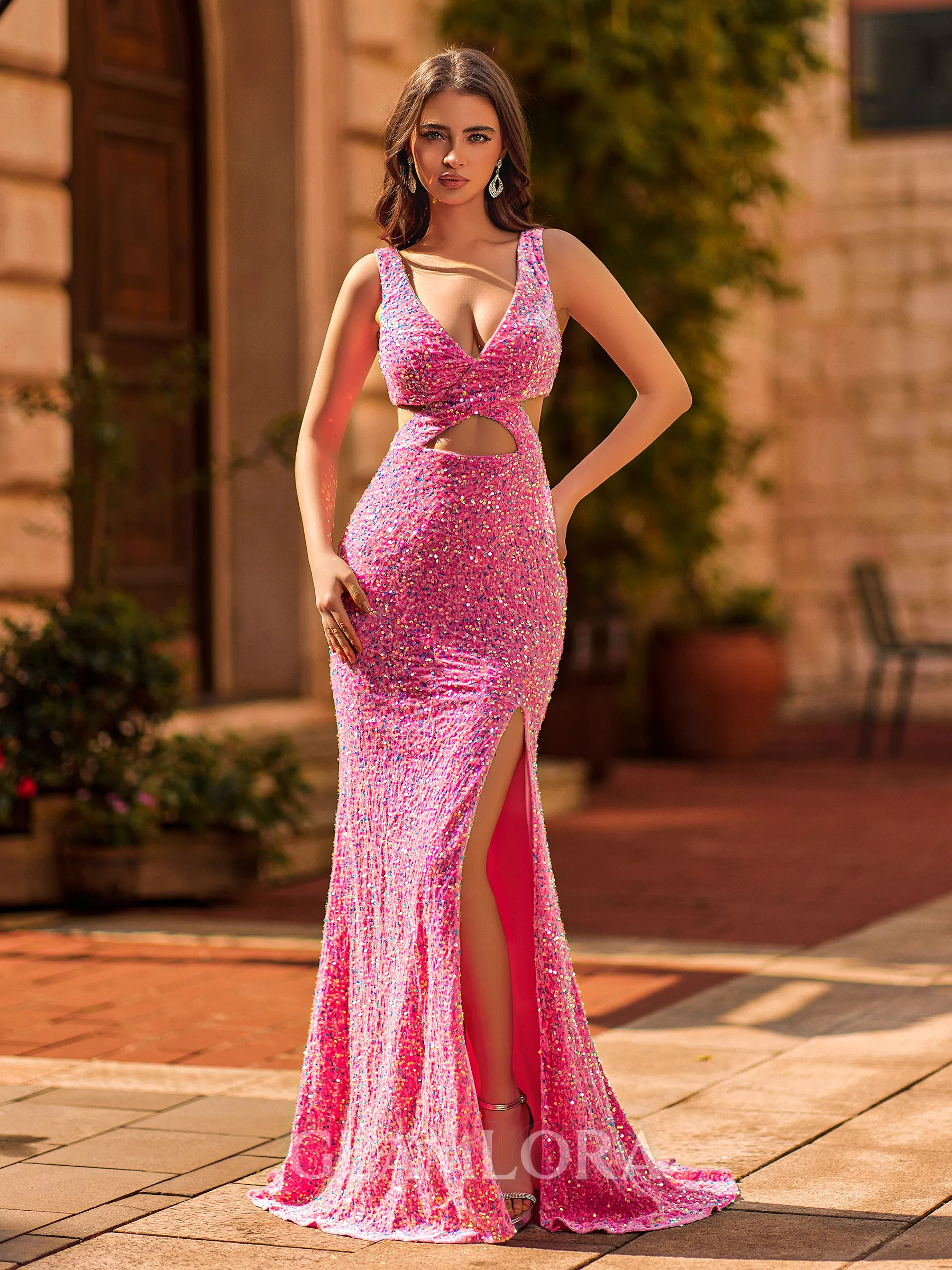 Glam Sheath V-Neck Sweep Train Velvet Sequins Prom Dress