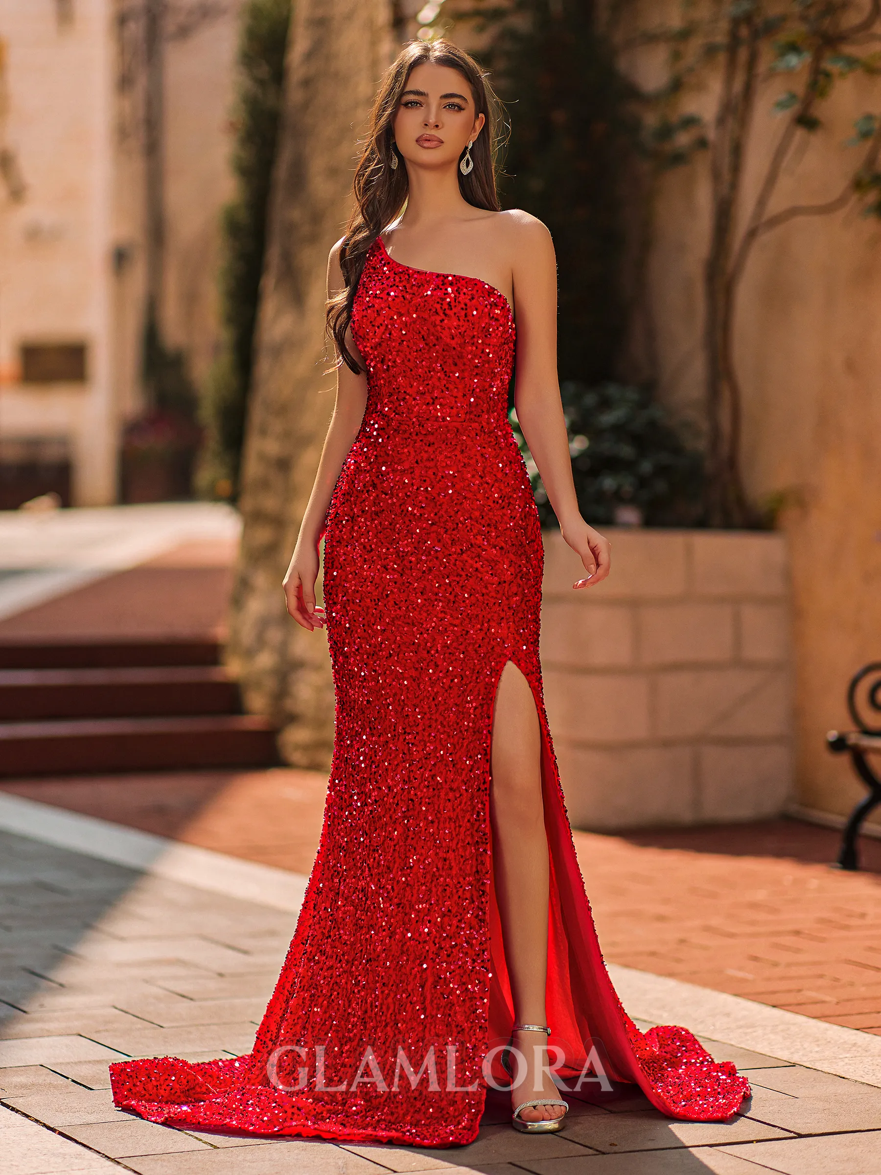 Pretty Sheath One-Shoulder Sweep Train Velvet Sequins Prom Dress